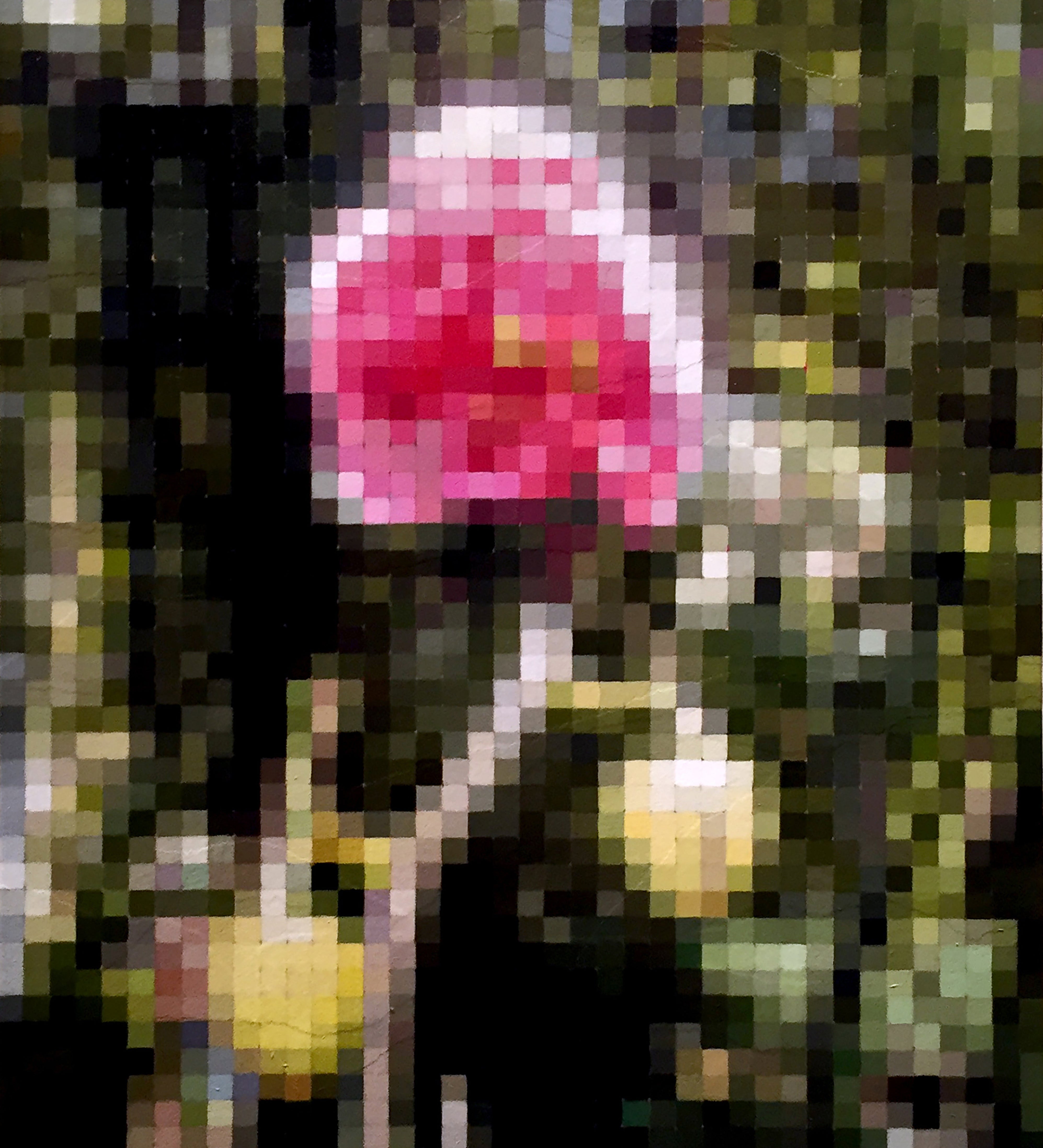  A vibrant oil painting titled Blooming Orchid by Brian Batt, measuring 24x20 inches. The artwork showcases a bold palette of hot pink, deep blacks, and lush greens, blending modernism with floral motifs, inviting viewers into a dynamic visual experience that celebrates nature.