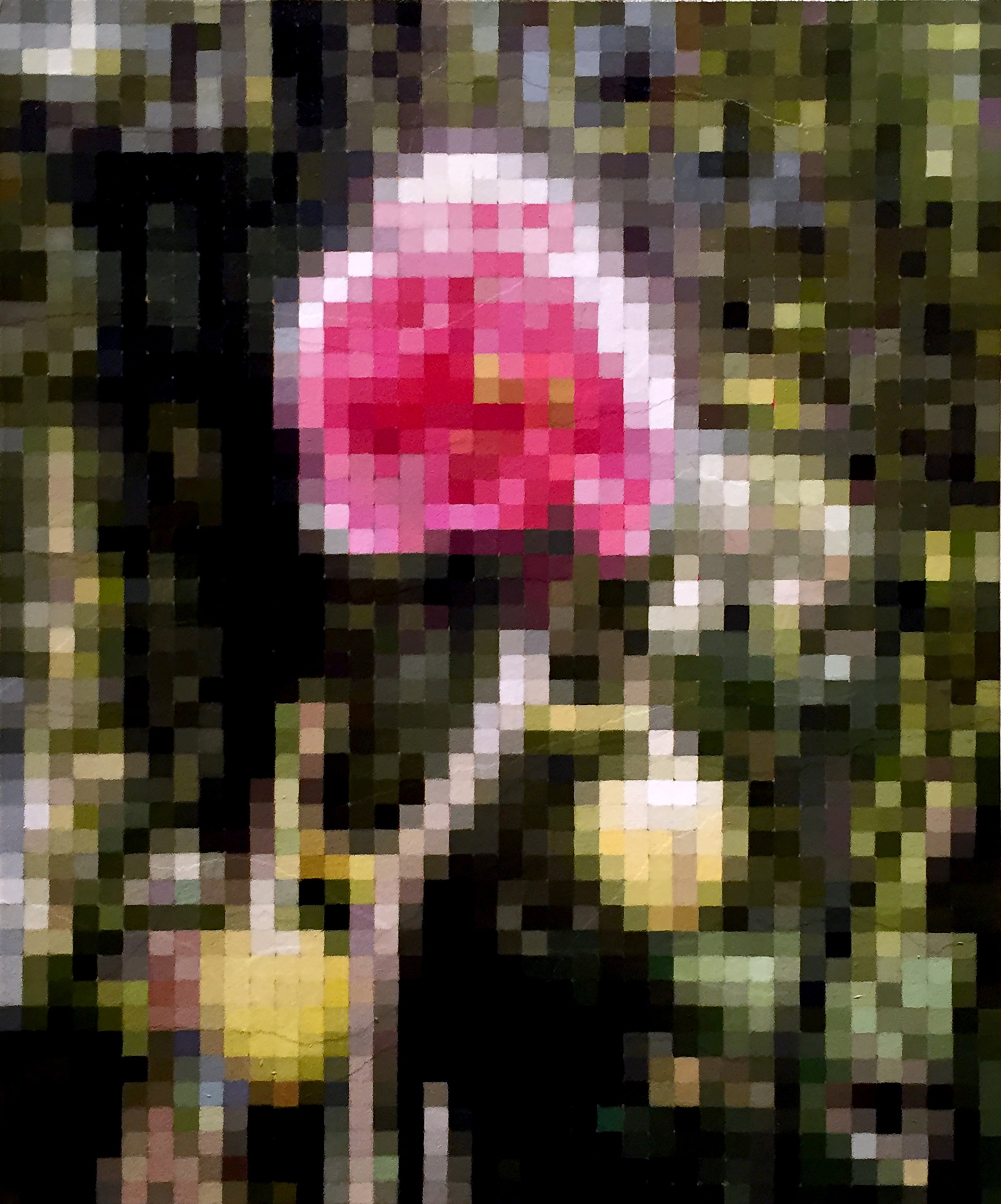  A vibrant oil painting titled Blooming Orchid by Brian Batt, measuring 24x20 inches. The artwork showcases a bold palette of hot pink, deep blacks, and lush greens, blending modernism with floral motifs, inviting viewers into a dynamic visual experience that celebrates nature.