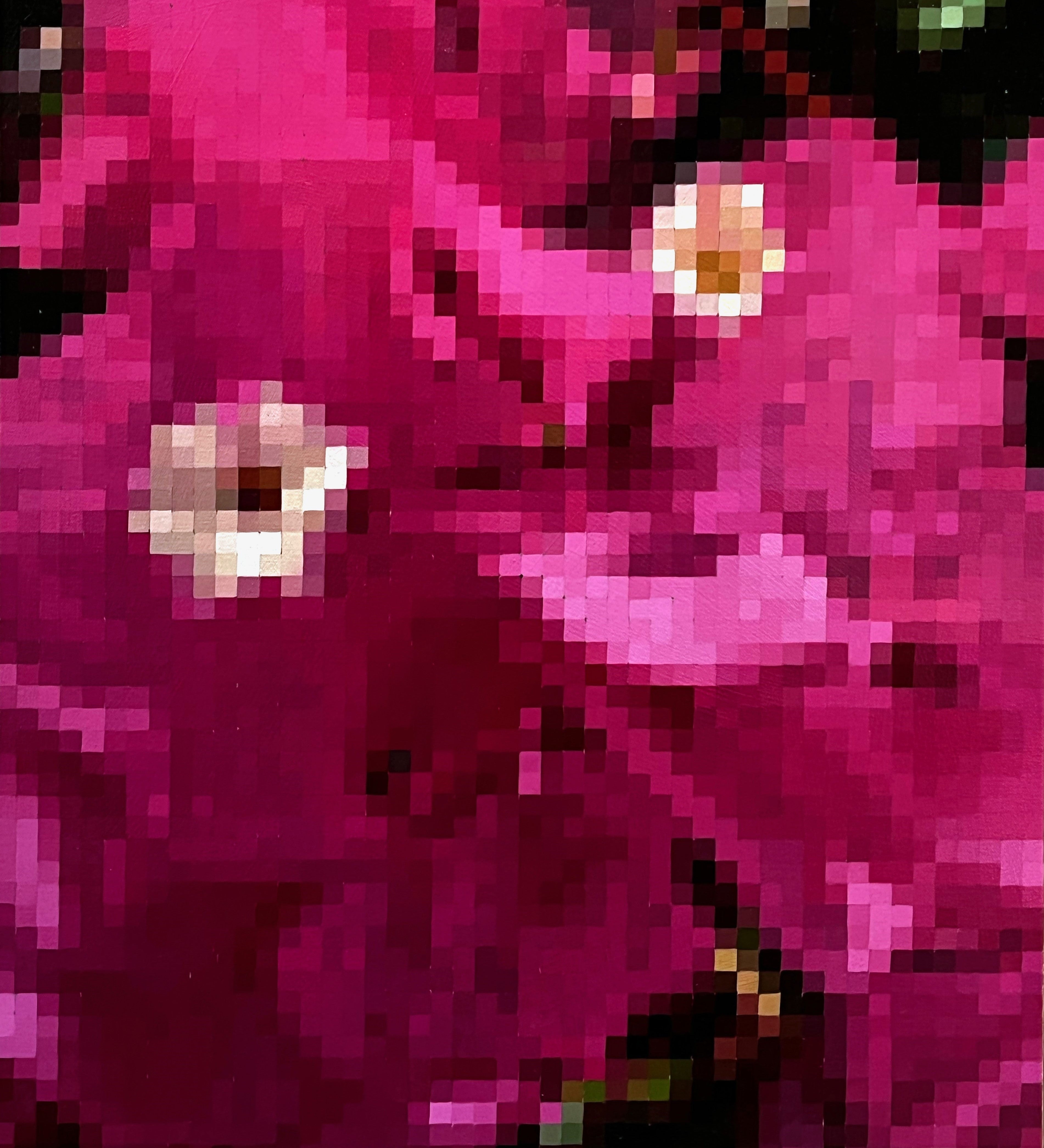 A vibrant oil painting titled 'Bougainvilleas' by Brian Batt, measuring 30"x24". It showcases a dynamic blend of pinks, hot pinks, and blacks, reflecting Modernism and Contemporary art. The artwork captures the beauty of bougainvillea in a lush, pixelated landscape, inviting viewers into its expressive floral experience.