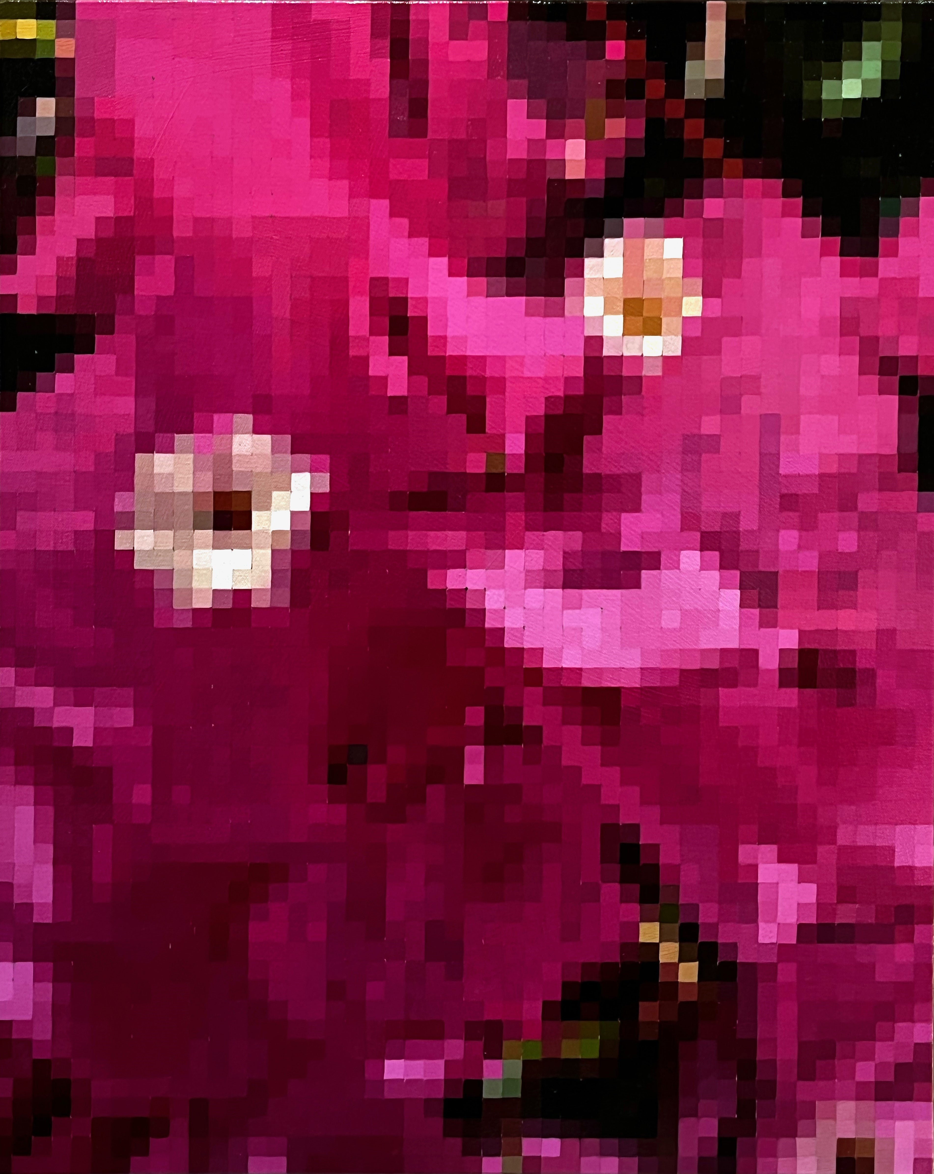 A vibrant oil painting titled 'Bougainvilleas' by Brian Batt, measuring 30"x24". It showcases a dynamic blend of pinks, hot pinks, and blacks, reflecting Modernism and Contemporary art. The artwork captures the beauty of bougainvillea in a lush, pixelated landscape, inviting viewers into its expressive floral experience.