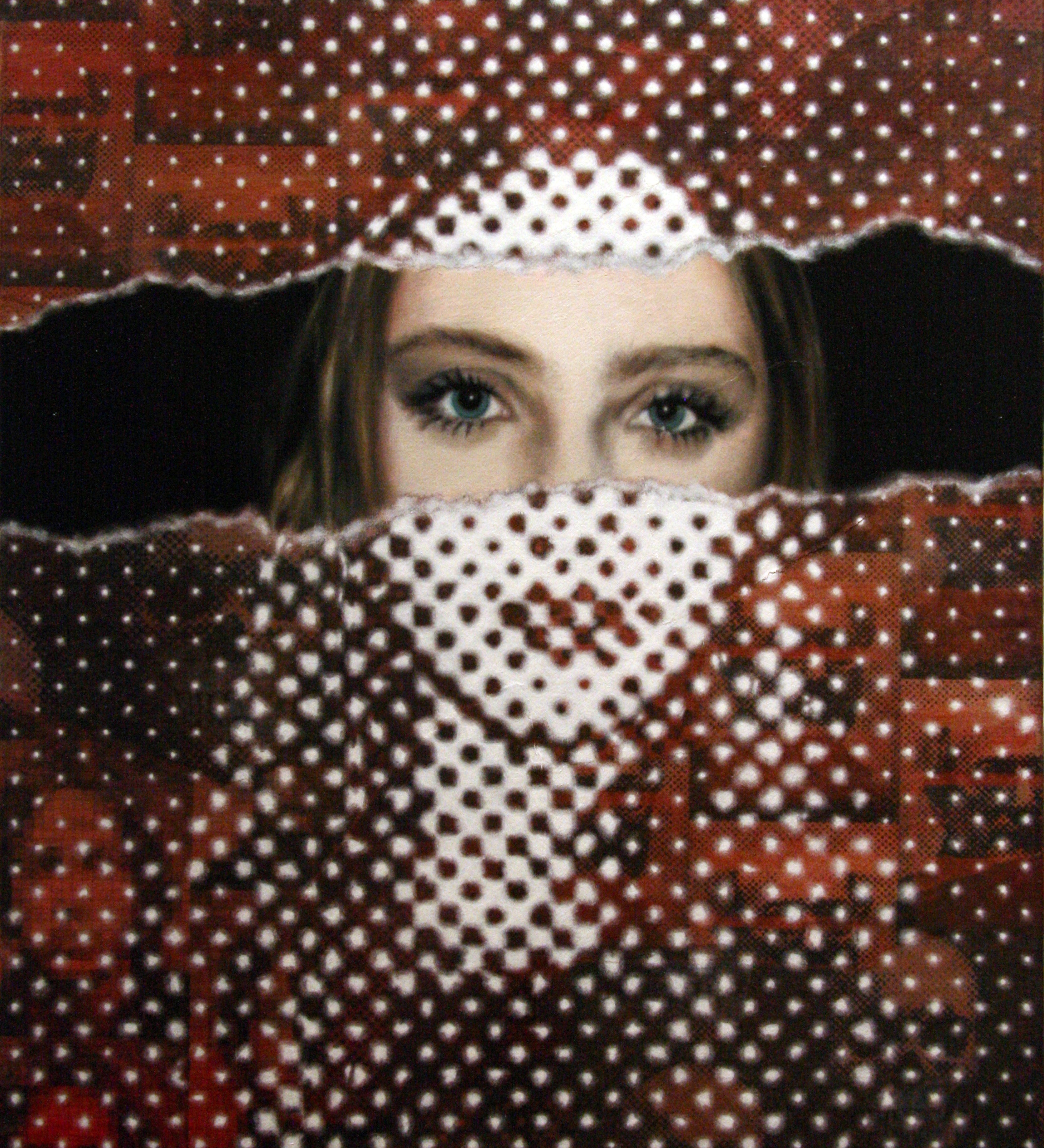 A captivating original painting titled 'Chloe (Girl with a Hat)' by Miami-based artist Brian Batt. This 20"x16" oil on collaged canvas artwork features a sophisticated palette of beige, blacks, brown, and white, showcasing modernist techniques like halftone and collage. It reflects the vibrancy of New York City and explores themes of identity and urban life.