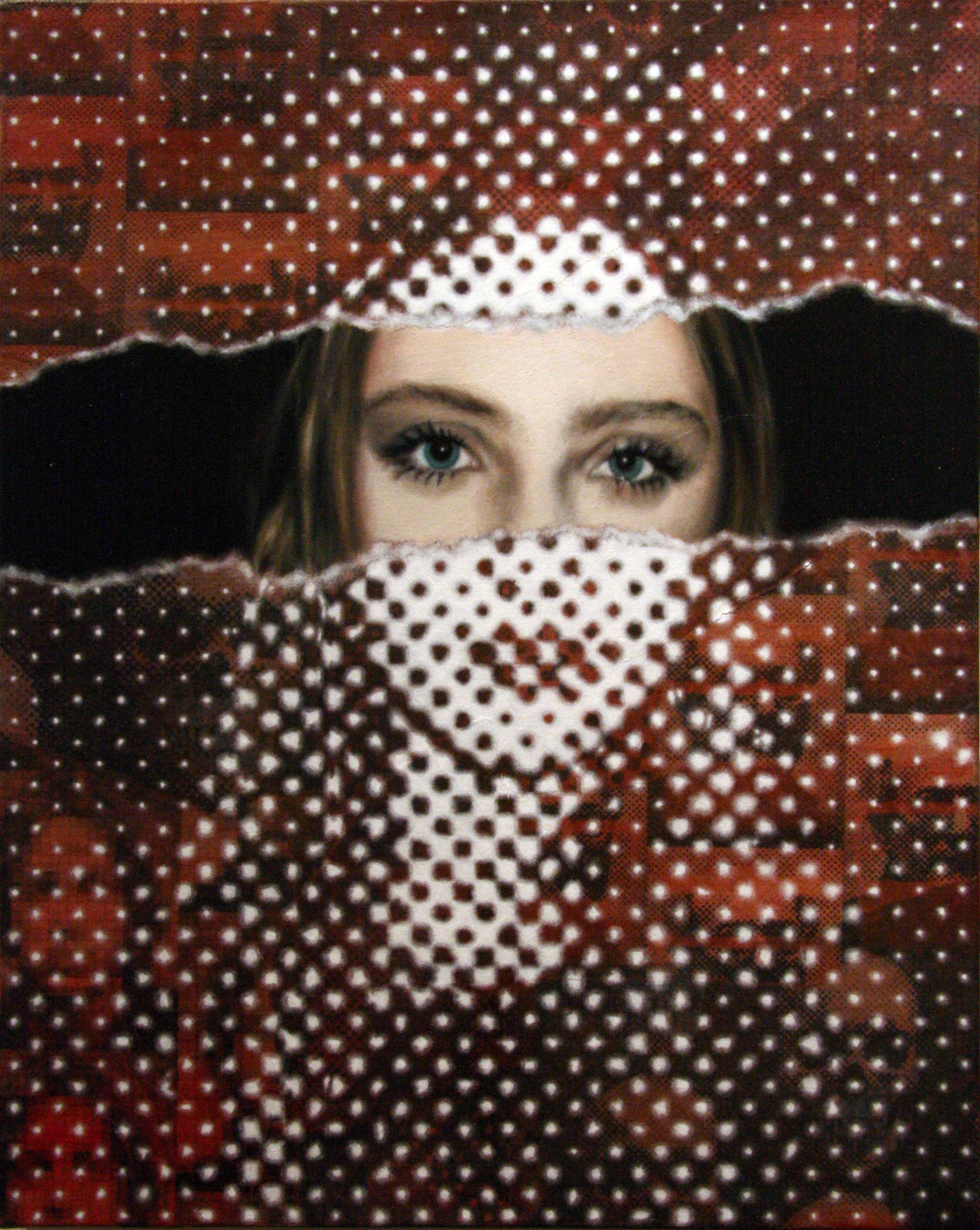 A captivating original painting titled 'Chloe (Girl with a Hat)' by Miami-based artist Brian Batt. This 20"x16" oil on collaged canvas artwork features a sophisticated palette of beige, blacks, brown, and white, showcasing modernist techniques like halftone and collage. It reflects the vibrancy of New York City and explores themes of identity and urban life.