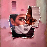 'Chrystie' is a 20"x16" oil on canvas painting by Brian Batt, featuring a contemporary collage style with a color palette of pink, blacks, beige, blue, and brown. This artwork showcases intricate layers and emotional depth, making it a striking addition to modern decor.