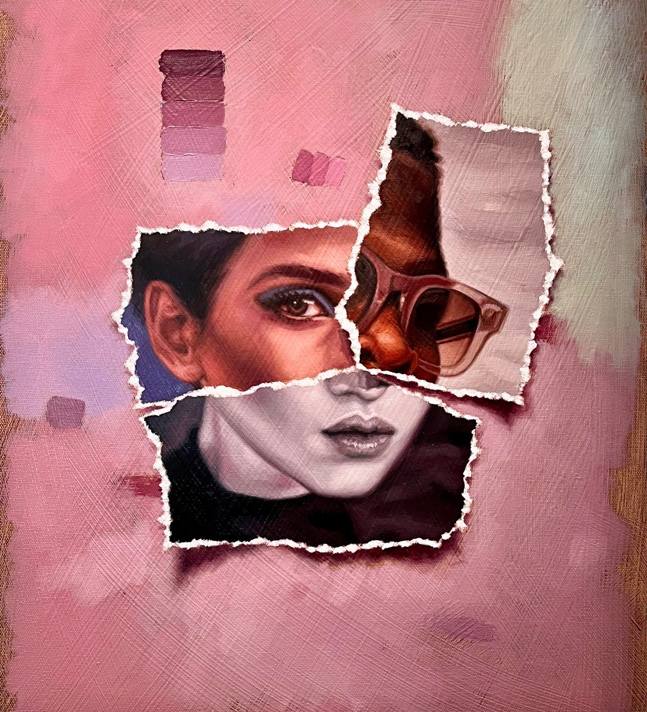 'Chrystie' is a 20"x16" oil on canvas painting by Brian Batt, featuring a contemporary collage style with a color palette of pink, blacks, beige, blue, and brown. This artwork showcases intricate layers and emotional depth, making it a striking addition to modern decor.