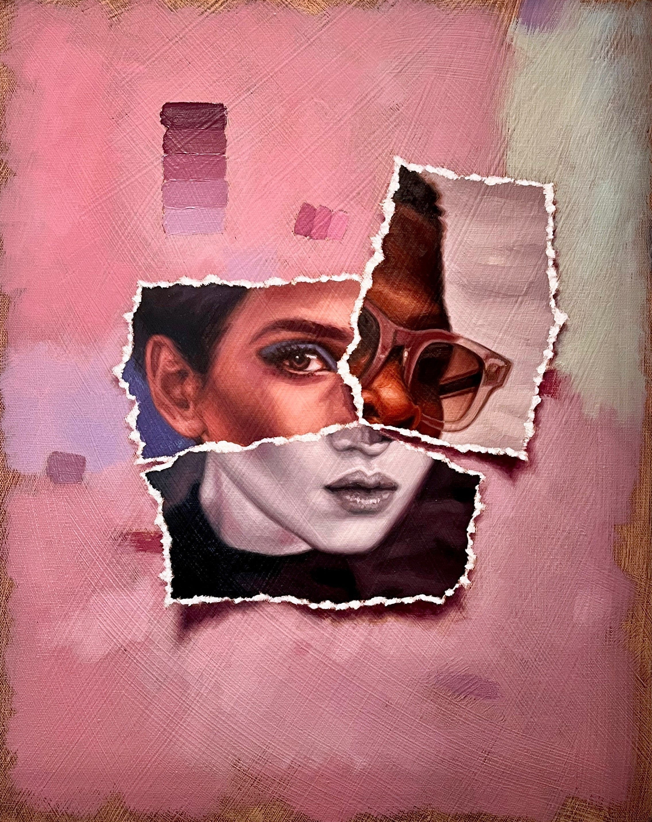 'Chrystie' is a 20"x16" oil on canvas painting by Brian Batt, featuring a contemporary collage style with a color palette of pink, blacks, beige, blue, and brown. This artwork showcases intricate layers and emotional depth, making it a striking addition to modern decor.