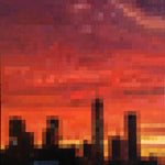  "Downtown Sundown" is a 24"x20" oil on canvas painting by Brian Batt, showcasing the vibrant energy of New York City at dusk with a striking palette of blacks, reds, yellows, and oranges. This contemporary artwork features pixelated forms and masterful brushwork, inviting viewers to explore the interplay of light and shadow, reflecting the citys pulse.