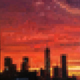  "Downtown Sundown" is a 24"x20" oil on canvas painting by Brian Batt, showcasing the vibrant energy of New York City at dusk with a striking palette of blacks, reds, yellows, and oranges. This contemporary artwork features pixelated forms and masterful brushwork, inviting viewers to explore the interplay of light and shadow, reflecting the citys pulse.