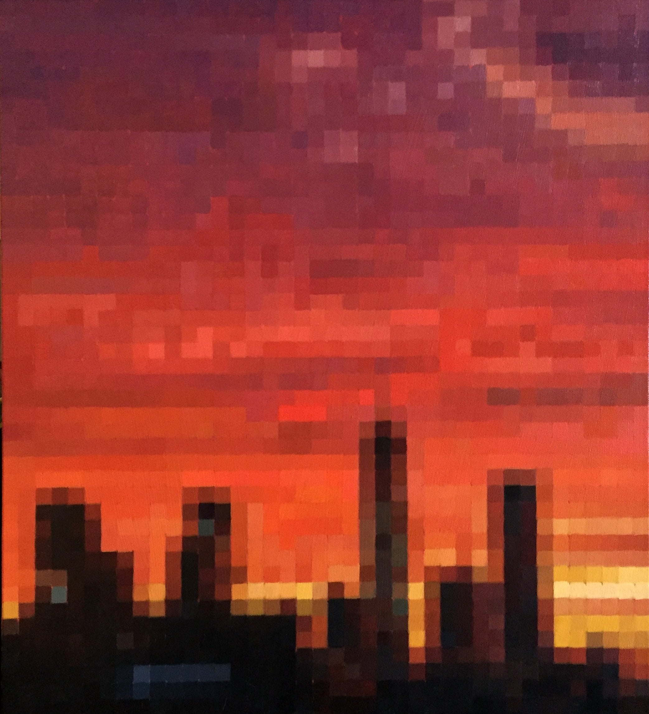  "Downtown Sundown" is a 24"x20" oil on canvas painting by Brian Batt, showcasing the vibrant energy of New York City at dusk with a striking palette of blacks, reds, yellows, and oranges. This contemporary artwork features pixelated forms and masterful brushwork, inviting viewers to explore the interplay of light and shadow, reflecting the citys pulse.
