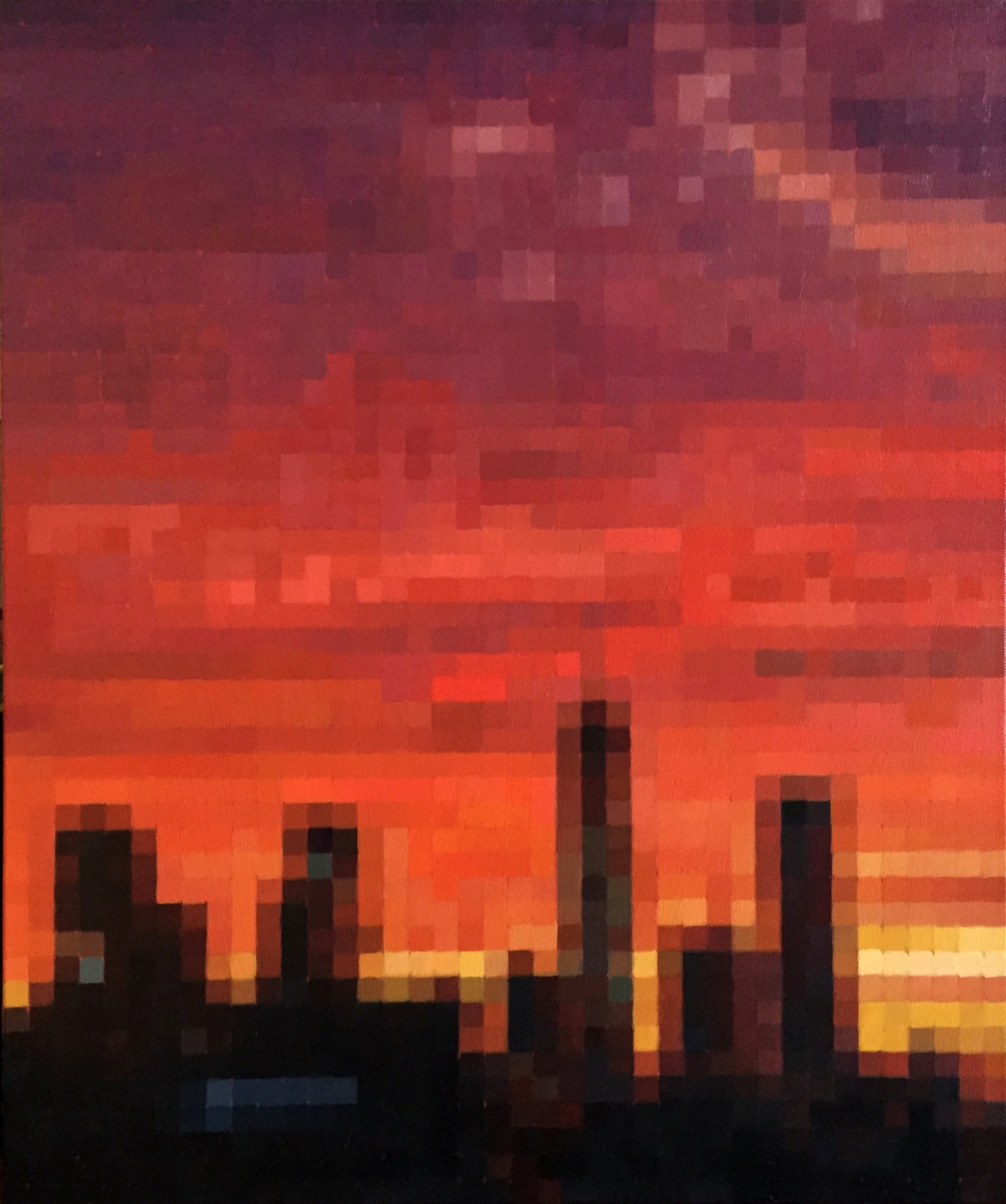  "Downtown Sundown" is a 24"x20" oil on canvas painting by Brian Batt, showcasing the vibrant energy of New York City at dusk with a striking palette of blacks, reds, yellows, and oranges. This contemporary artwork features pixelated forms and masterful brushwork, inviting viewers to explore the interplay of light and shadow, reflecting the citys pulse.