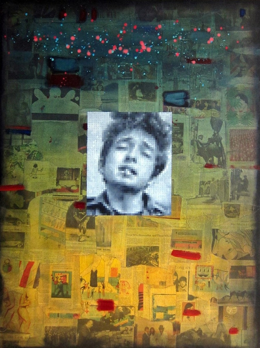 'Dylan on Collage', a 48x36 oil on collaged canvas painting by Brian Batt, features a vibrant mix of blue, green, yellow, aqua, and teal. This contemporary artwork celebrates Bob Dylan through a dynamic collage of pixels and portraits, showcasing modernism and emotional depth.