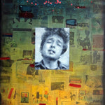 'Dylan on Collage', a 48x36 oil on collaged canvas painting by Brian Batt, features a vibrant mix of blue, green, yellow, aqua, and teal. This contemporary artwork celebrates Bob Dylan through a dynamic collage of pixels and portraits, showcasing modernism and emotional depth.