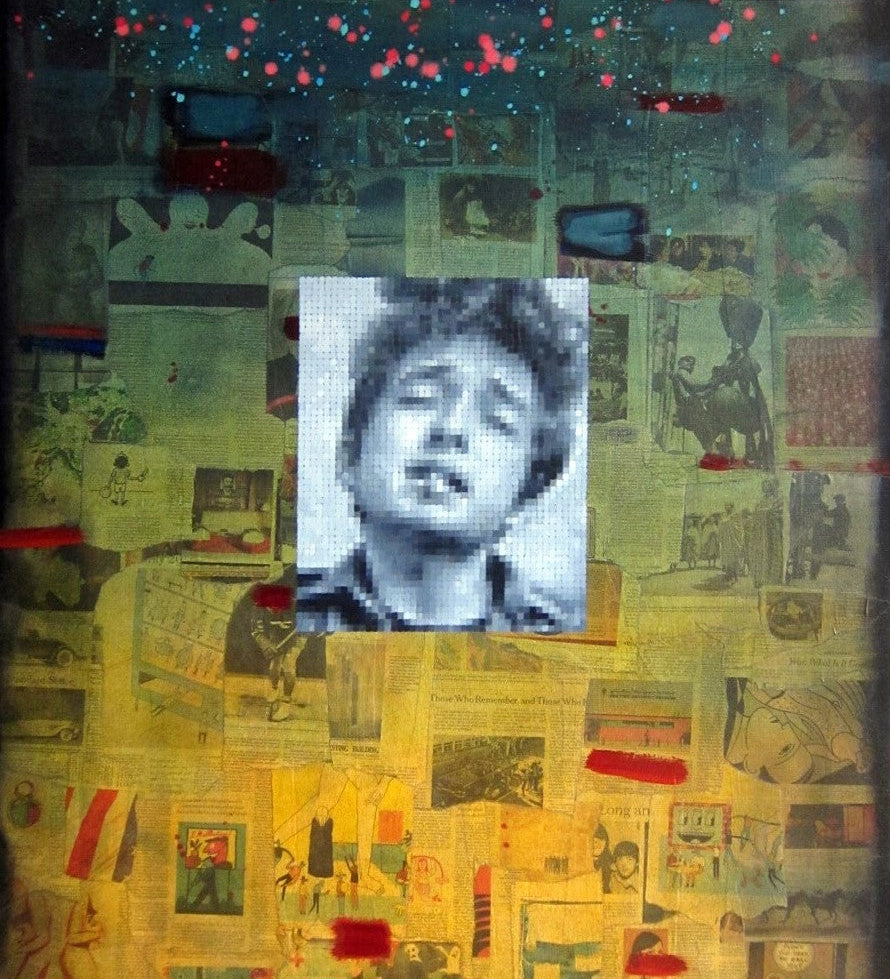 'Dylan on Collage', a 48x36 oil on collaged canvas painting by Brian Batt, features a vibrant mix of blue, green, yellow, aqua, and teal. This contemporary artwork celebrates Bob Dylan through a dynamic collage of pixels and portraits, showcasing modernism and emotional depth.