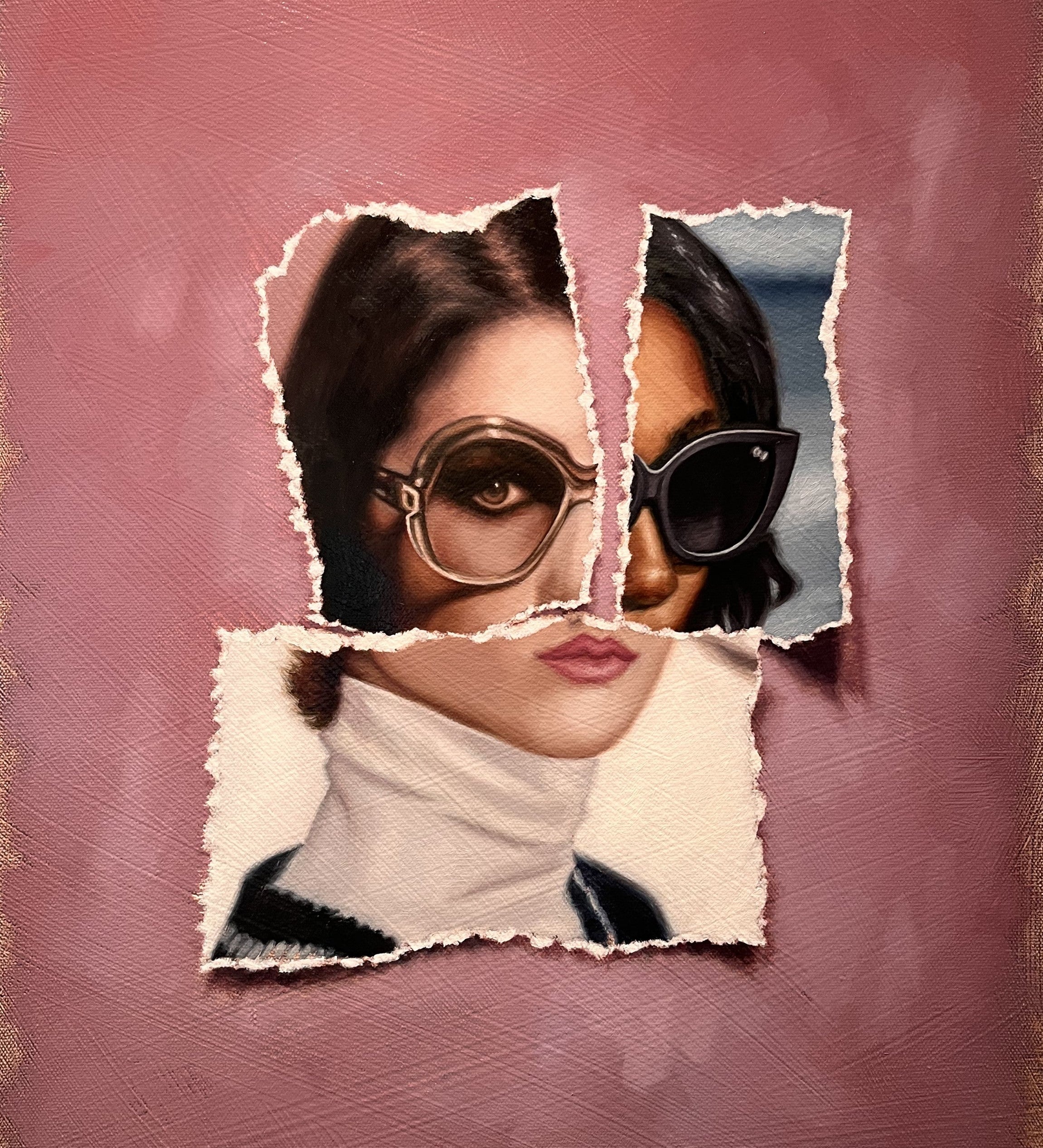  Eldridge, a 20x16 oil on canvas painting by Brian Batt, features a modernist collage of pink, beige, brown, and black colors. This contemporary artwork showcases torn diversions and portraits, reflecting deep emotional landscapes, making it a striking addition to any decor.