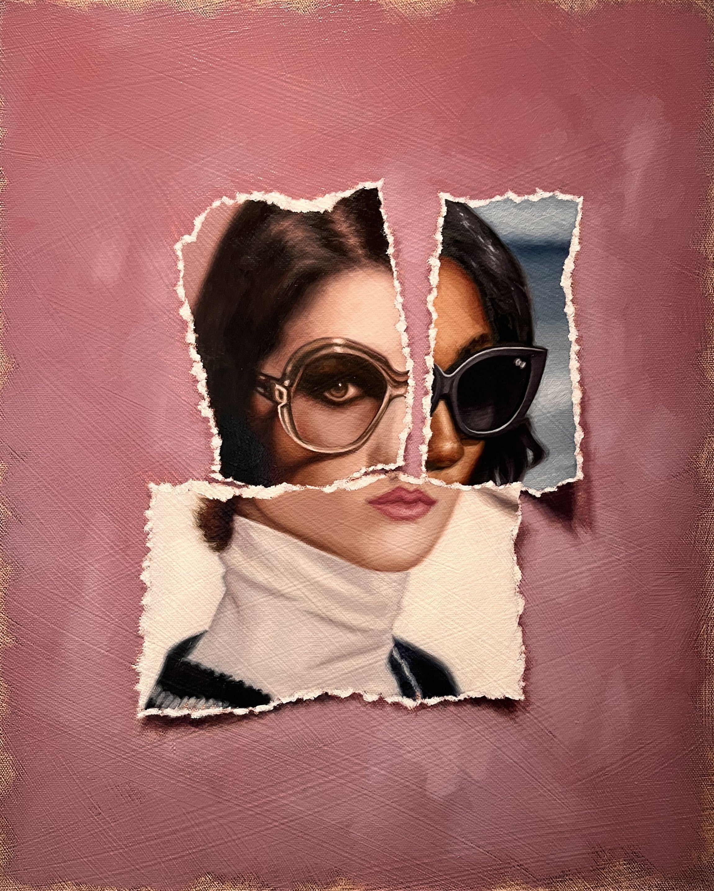  Eldridge, a 20x16 oil on canvas painting by Brian Batt, features a modernist collage of pink, beige, brown, and black colors. This contemporary artwork showcases torn diversions and portraits, reflecting deep emotional landscapes, making it a striking addition to any decor.