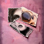 'Essex' is a 20"x16" original painting by Brian Batt, featuring a modernist style with a vibrant color palette of pink, red, black, and gray. This oil on collaged canvas artwork blends collage techniques with contemporary portraiture, inviting viewers to explore its intricate layers and textures.