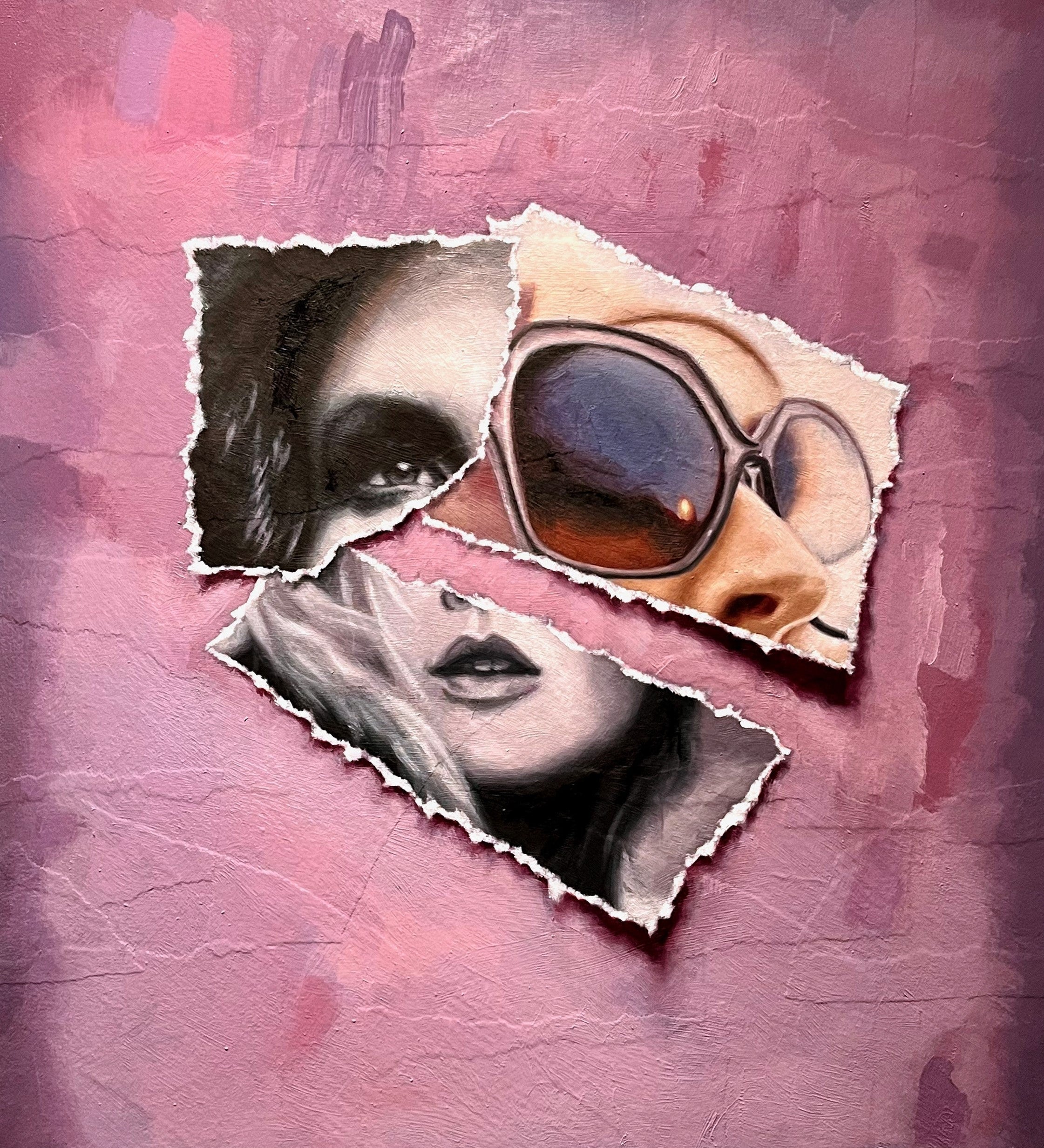 'Essex' is a 20"x16" original painting by Brian Batt, featuring a modernist style with a vibrant color palette of pink, red, black, and gray. This oil on collaged canvas artwork blends collage techniques with contemporary portraiture, inviting viewers to explore its intricate layers and textures.