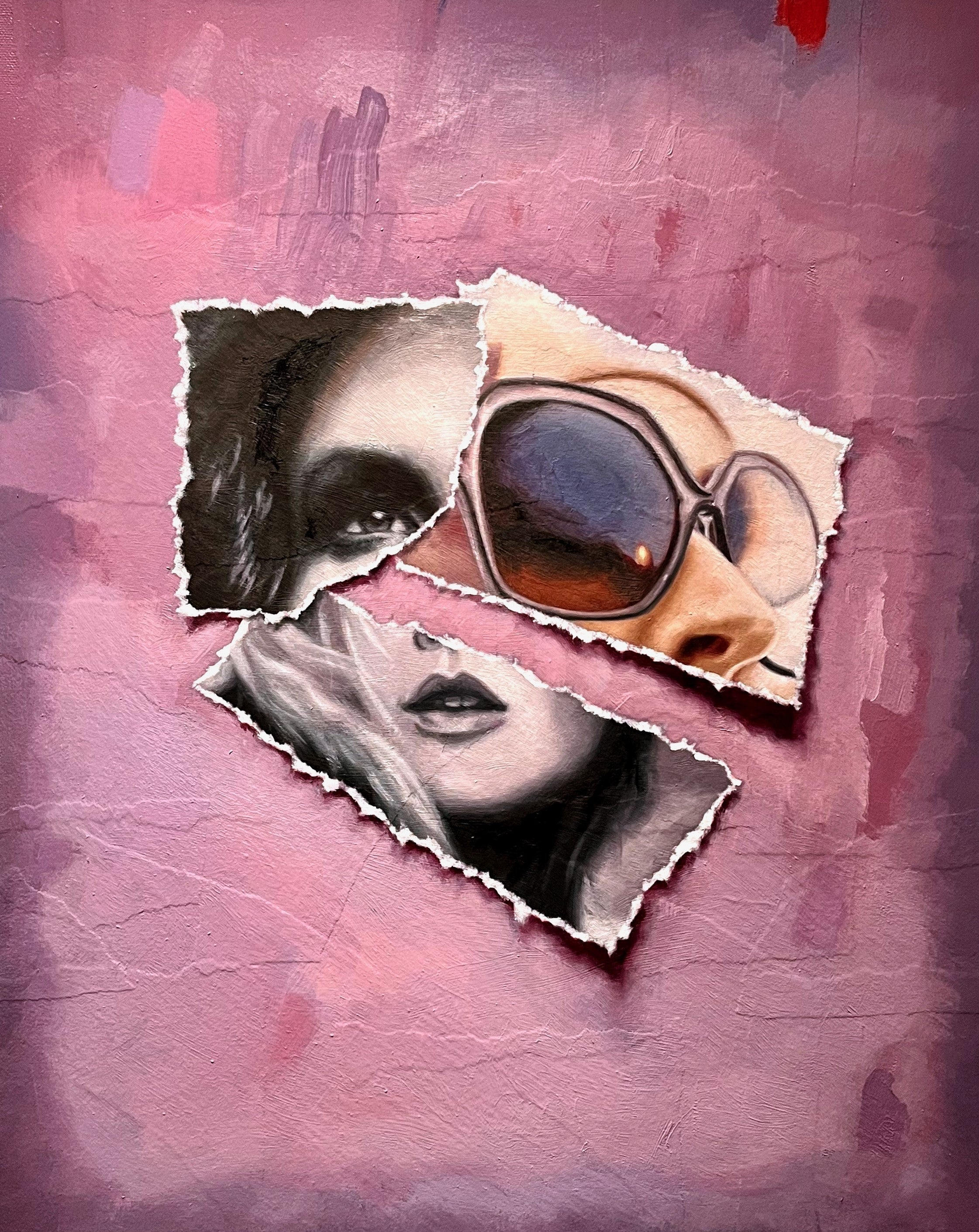 'Essex' is a 20"x16" original painting by Brian Batt, featuring a modernist style with a vibrant color palette of pink, red, black, and gray. This oil on collaged canvas artwork blends collage techniques with contemporary portraiture, inviting viewers to explore its intricate layers and textures.