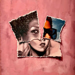 'Forsyth' is a 20"x16" oil on canvas painting by Brian Batt, featuring a vibrant blend of pink, red, brown, and blue. This contemporary artwork combines collage and portraiture, showcasing emotional depth and artistic sophistication, making it a striking addition to any decor.