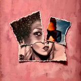 'Forsyth' is a 20"x16" oil on canvas painting by Brian Batt, featuring a vibrant blend of pink, red, brown, and blue. This contemporary artwork combines collage and portraiture, showcasing emotional depth and artistic sophistication, making it a striking addition to any decor.