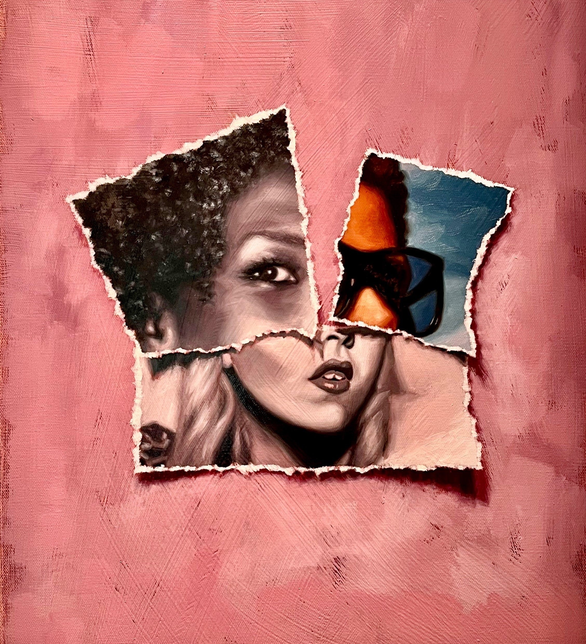 'Forsyth' is a 20"x16" oil on canvas painting by Brian Batt, featuring a vibrant blend of pink, red, brown, and blue. This contemporary artwork combines collage and portraiture, showcasing emotional depth and artistic sophistication, making it a striking addition to any decor.