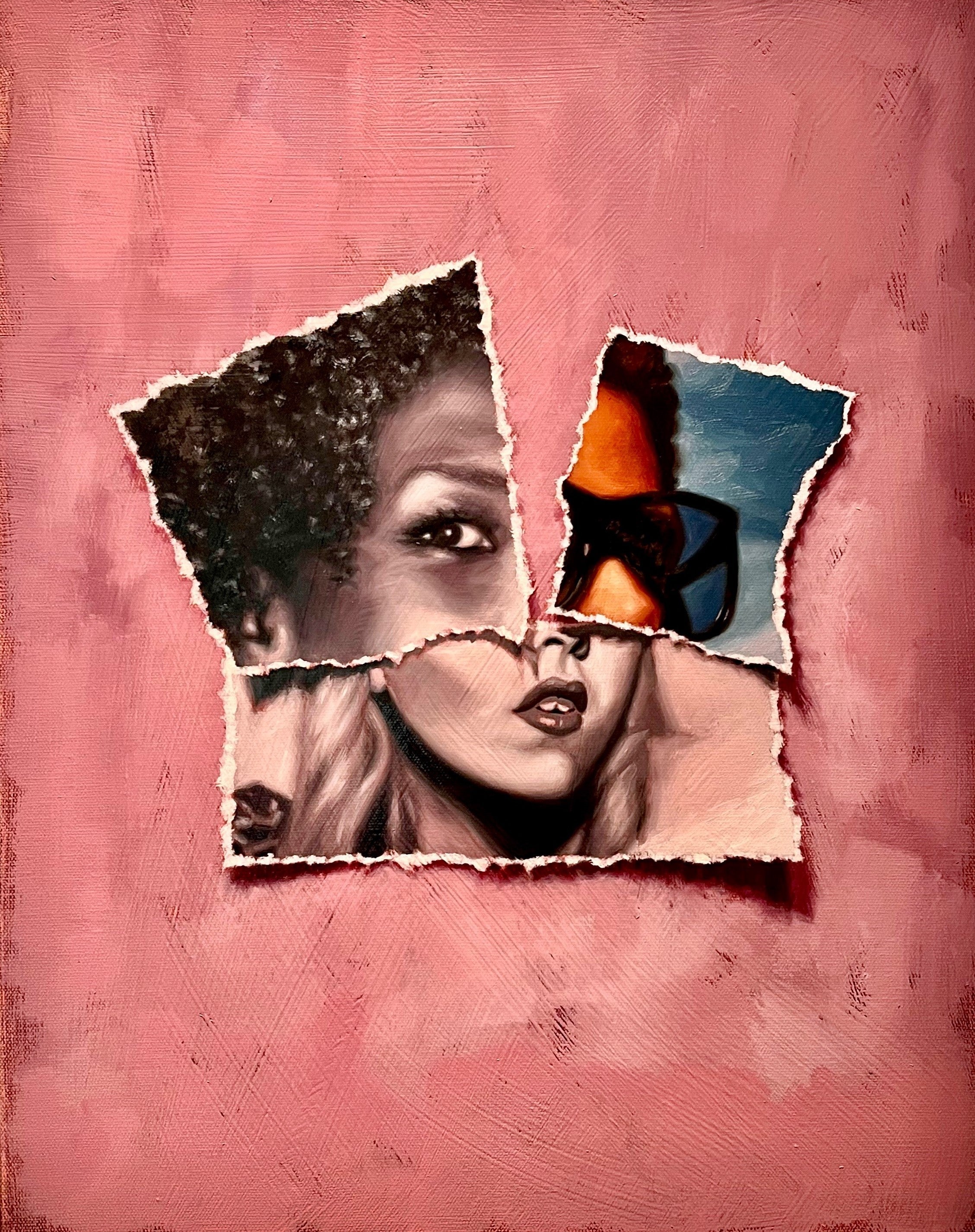 'Forsyth' is a 20"x16" oil on canvas painting by Brian Batt, featuring a vibrant blend of pink, red, brown, and blue. This contemporary artwork combines collage and portraiture, showcasing emotional depth and artistic sophistication, making it a striking addition to any decor.