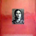  A vibrant oil painting titled Frida on Pink by Brian Batt, measuring 48x36 inches. This contemporary artwork features a striking color palette of pinks, hot pinks, blacks, grays, oranges, and whites, celebrating the iconic Frida Kahlo through a modernist lens, blending pixelated portraits with emotional depth.