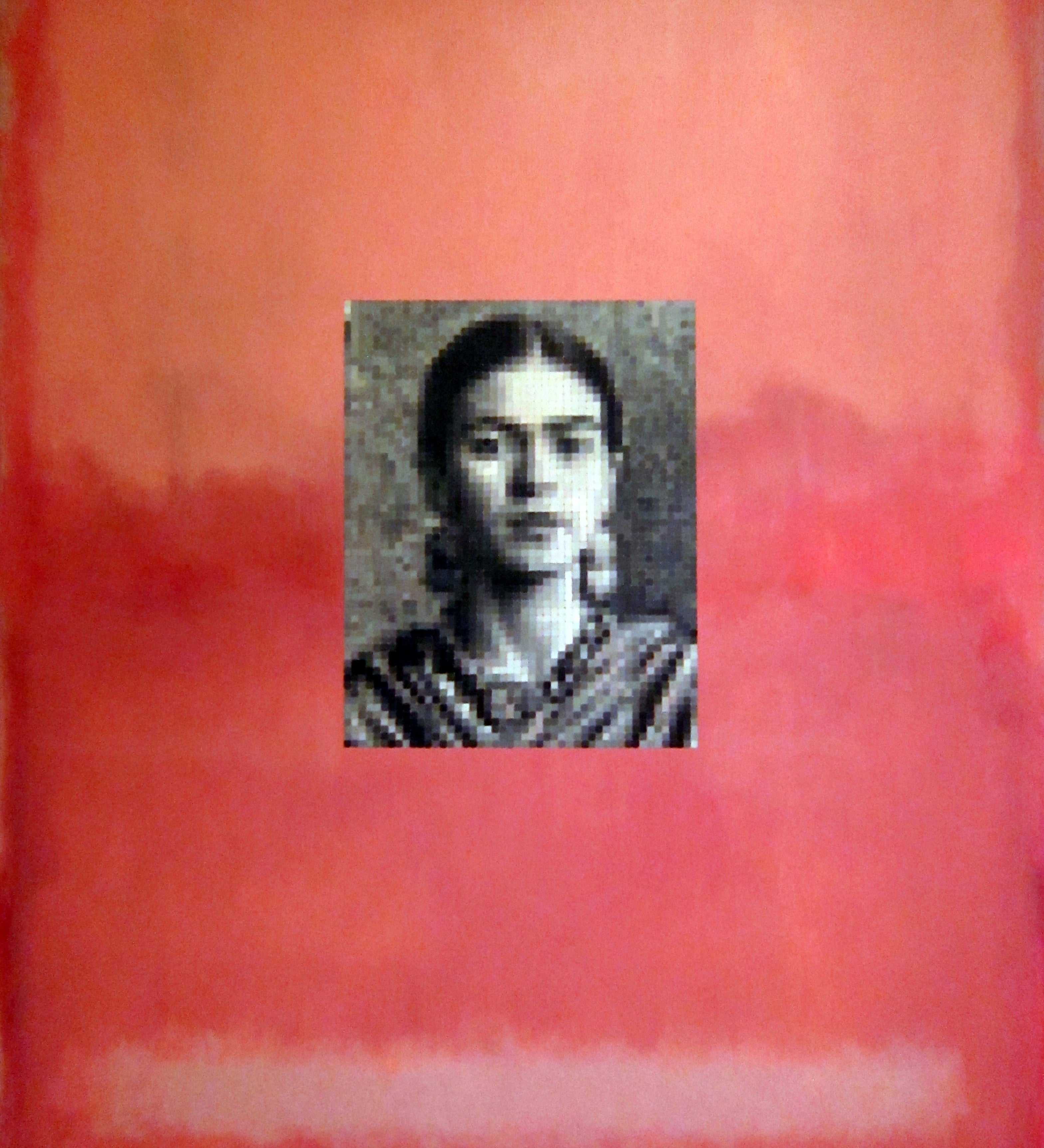  A vibrant oil painting titled Frida on Pink by Brian Batt, measuring 48x36 inches. This contemporary artwork features a striking color palette of pinks, hot pinks, blacks, grays, oranges, and whites, celebrating the iconic Frida Kahlo through a modernist lens, blending pixelated portraits with emotional depth.