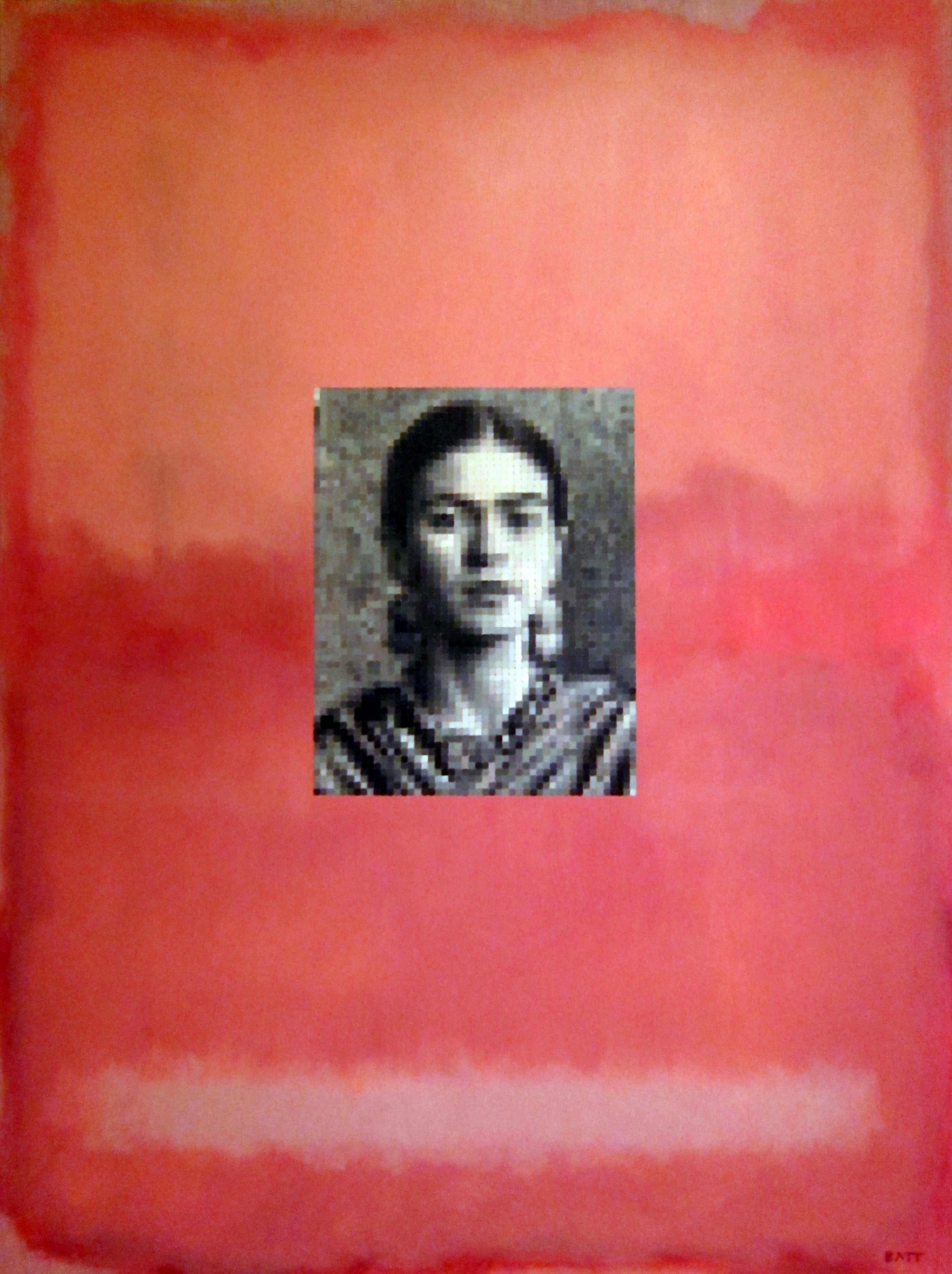  A vibrant oil painting titled Frida on Pink by Brian Batt, measuring 48x36 inches. This contemporary artwork features a striking color palette of pinks, hot pinks, blacks, grays, oranges, and whites, celebrating the iconic Frida Kahlo through a modernist lens, blending pixelated portraits with emotional depth.