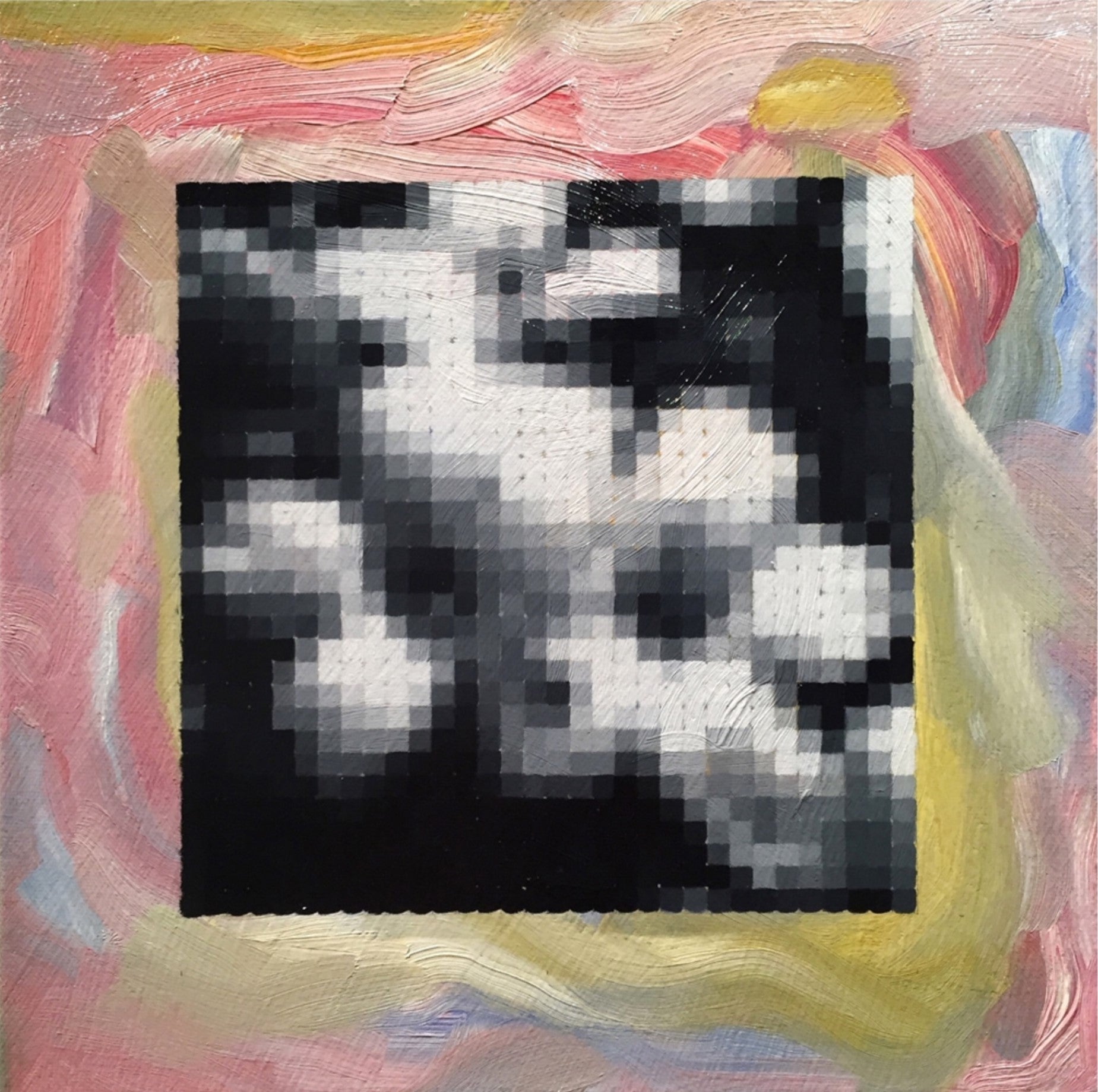  A vibrant 12x12 oil on canvas painting titled Kalanchoe on Color by Brian Batt, featuring a dynamic collage of pinks, blacks, blues, reds, yellows, and whites. This contemporary artwork captures floral beauty through pixelated structures, inviting viewers into a lush greenhouse of color and form.