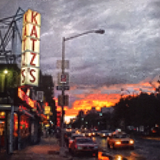 A vibrant original painting titled "Katz's" by artist Brian Batt, measuring 72x60 inches. This oil on canvas artwork features a dynamic blend of orange, red, gray, and black, reflecting the energy of New York City through contemporary modernism and gestural abstraction.