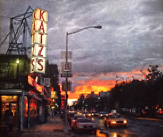 A vibrant original painting titled "Katz's" by artist Brian Batt, measuring 72x60 inches. This oil on canvas artwork features a dynamic blend of orange, red, gray, and black, reflecting the energy of New York City through contemporary modernism and gestural abstraction.