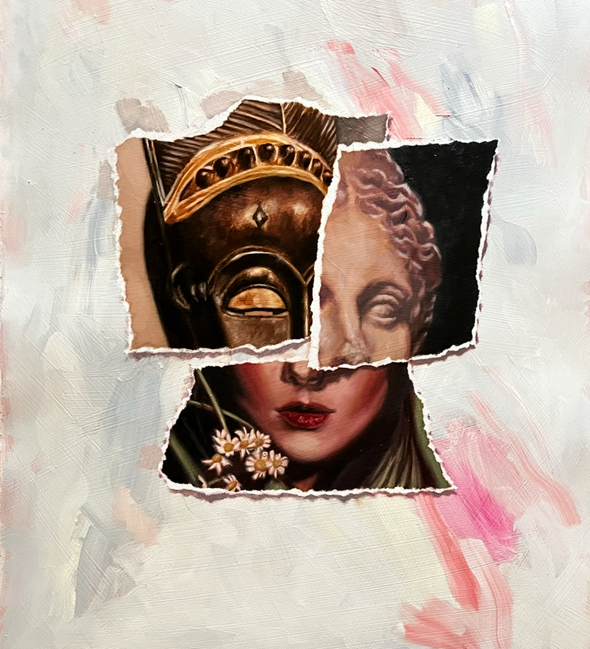  Leonard is a 24x18 inch original painting by Brian Batt, featuring a modernist style with a vibrant palette of pink, hot pink, gray, brown, and white. This oil on paper artwork combines collage elements and torn diversions, inviting viewers to explore its emotional depth and contemporary aesthetics.