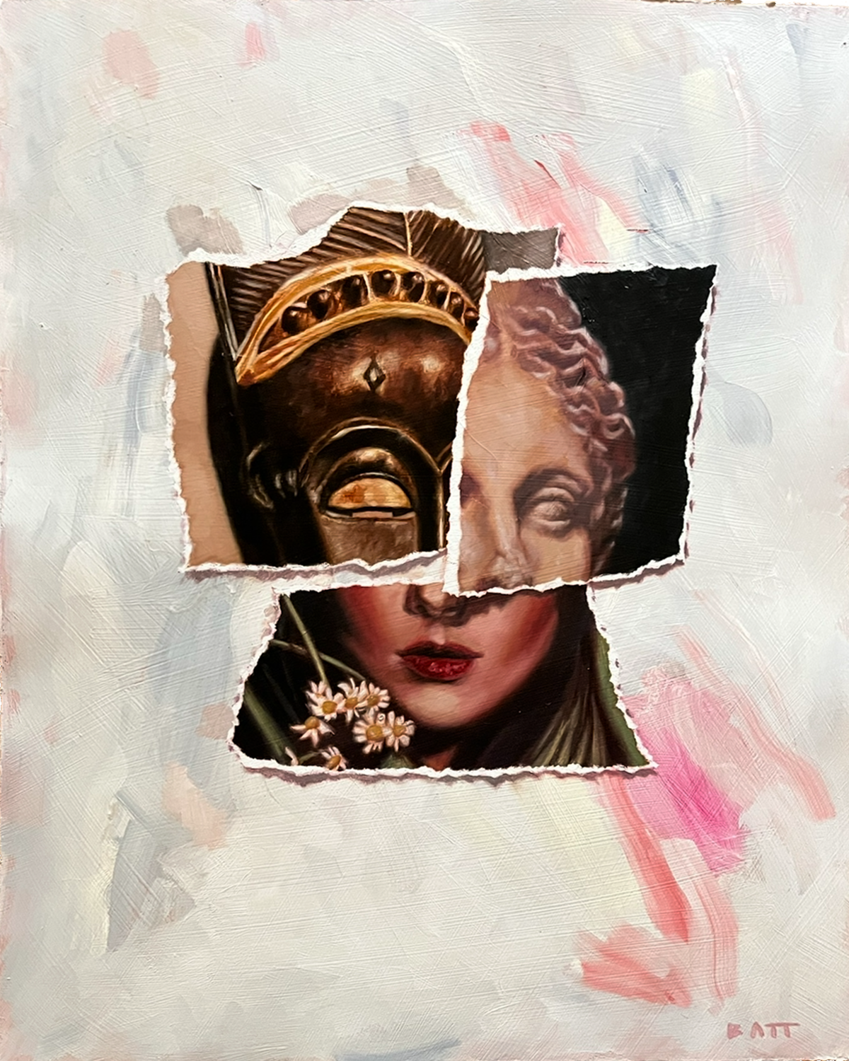  Leonard is a 24x18 inch original painting by Brian Batt, featuring a modernist style with a vibrant palette of pink, hot pink, gray, brown, and white. This oil on paper artwork combines collage elements and torn diversions, inviting viewers to explore its emotional depth and contemporary aesthetics.