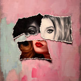 'Ludlow' is a 20x16 oil on canvas painting by Brian Batt, featuring a vibrant color palette of pinks, hot pinks, blacks, grays, browns, and beiges. This contemporary artwork combines collage and portraiture, inviting viewers into a dynamic visual experience that resonates with emotional depth and modernism themes.