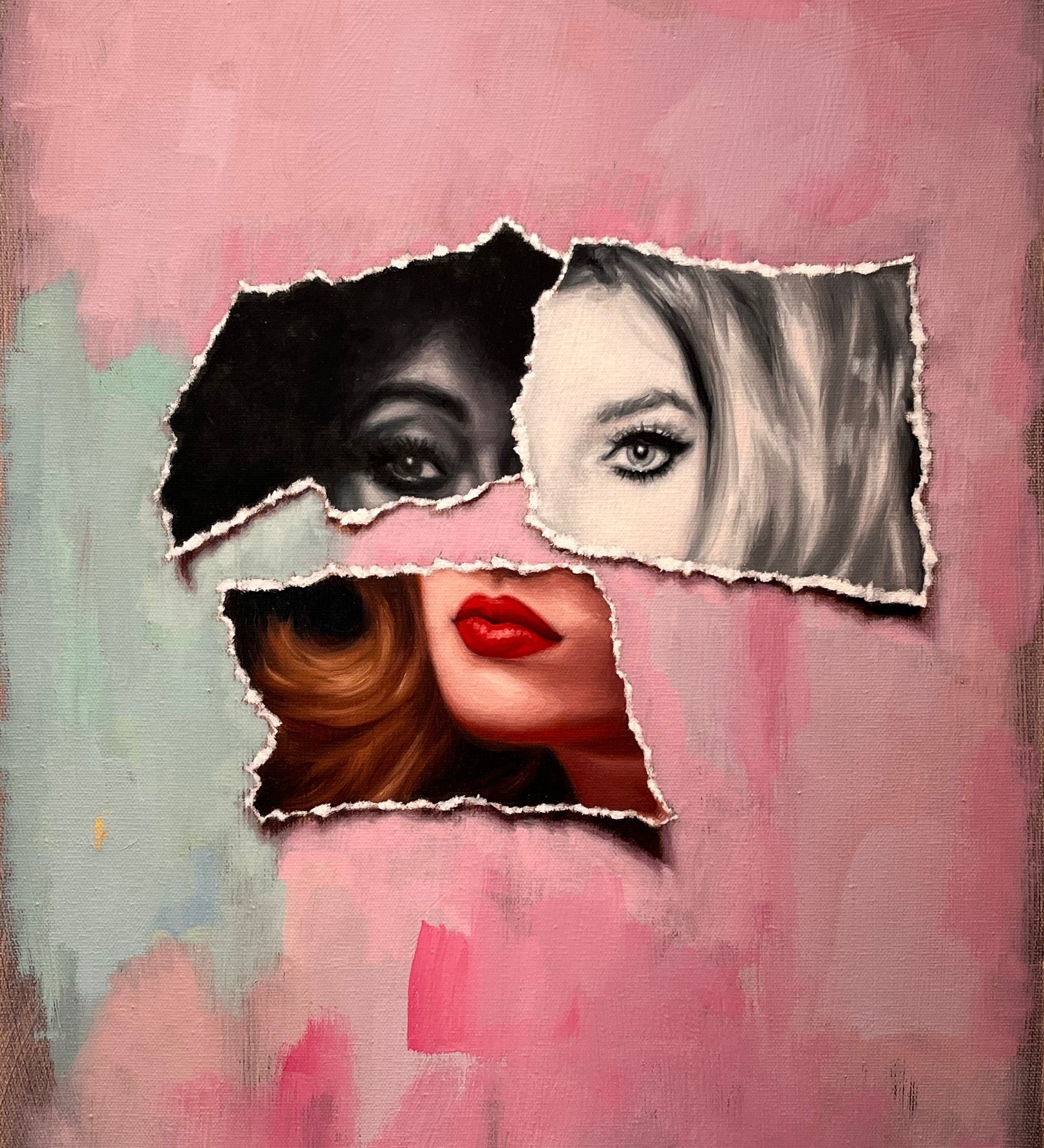 'Ludlow' is a 20x16 oil on canvas painting by Brian Batt, featuring a vibrant color palette of pinks, hot pinks, blacks, grays, browns, and beiges. This contemporary artwork combines collage and portraiture, inviting viewers into a dynamic visual experience that resonates with emotional depth and modernism themes.