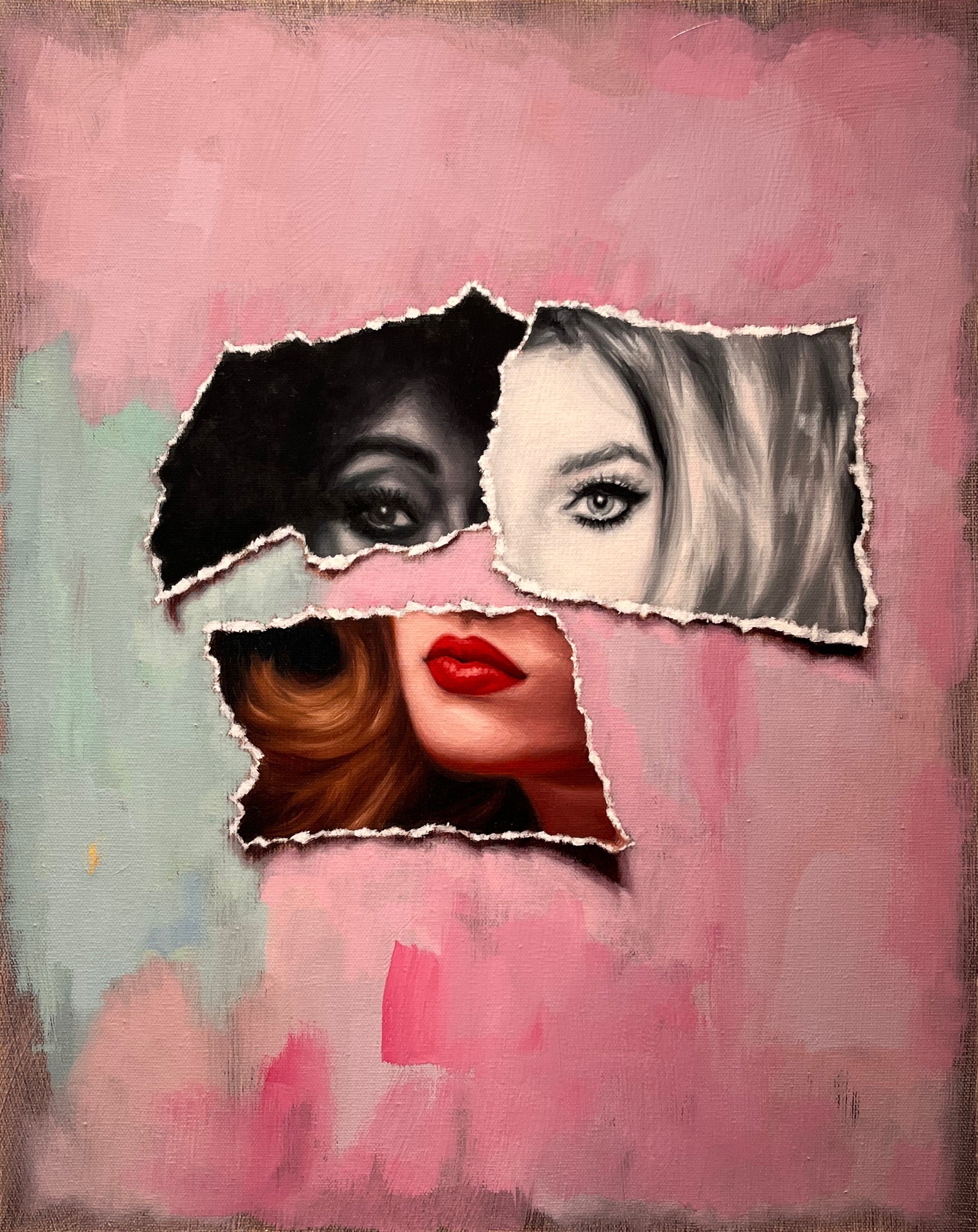 'Ludlow' is a 20x16 oil on canvas painting by Brian Batt, featuring a vibrant color palette of pinks, hot pinks, blacks, grays, browns, and beiges. This contemporary artwork combines collage and portraiture, inviting viewers into a dynamic visual experience that resonates with emotional depth and modernism themes.
