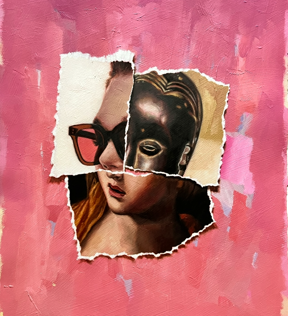  A vibrant original painting titled Mercer by Brian Batt, measuring 24x18 inches. This oil on paper artwork features a collage of portraits in shades of pink, hot pink, beige, brown, yellow, and white, showcasing modernism and gestural abstraction.