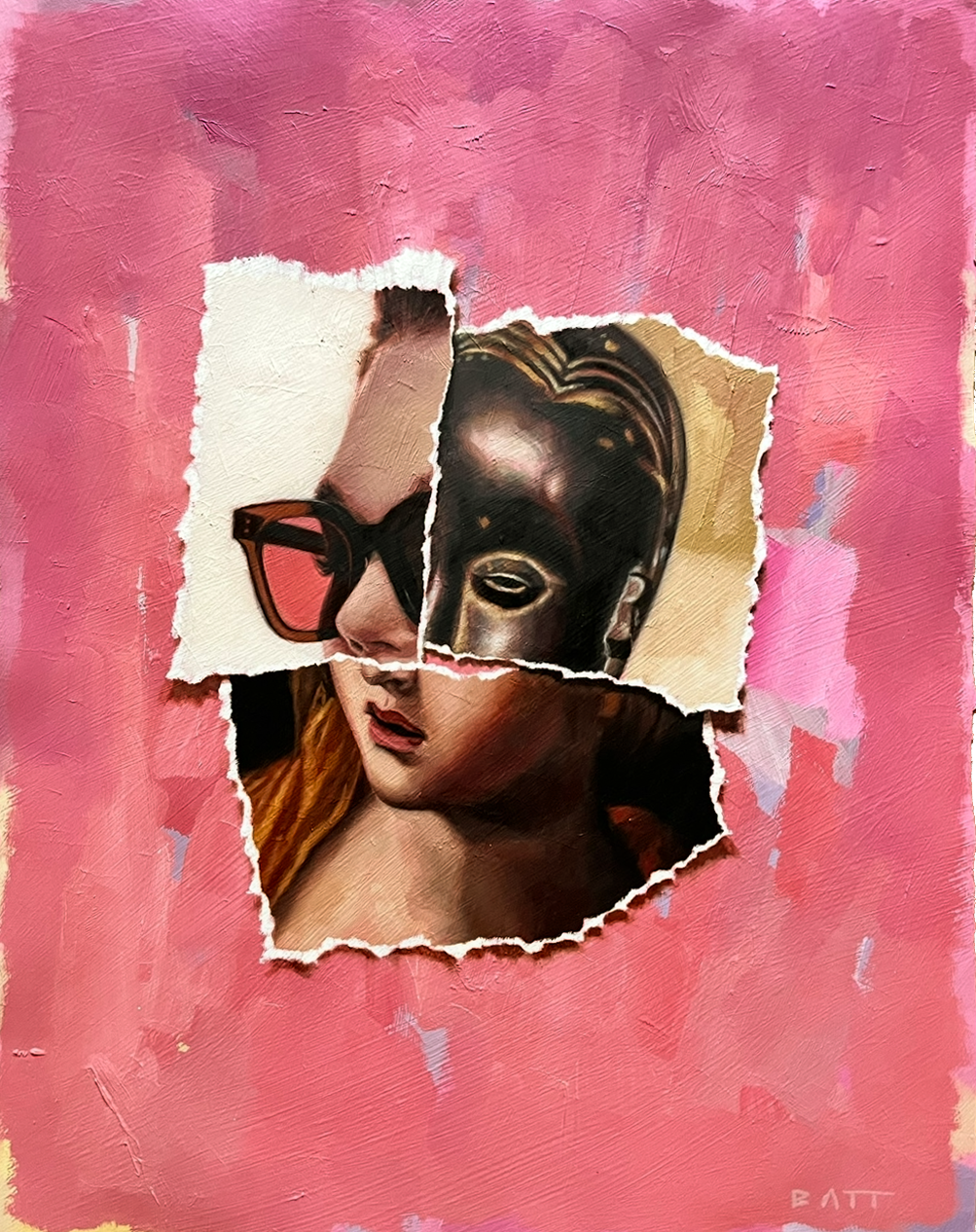  A vibrant original painting titled Mercer by Brian Batt, measuring 24x18 inches. This oil on paper artwork features a collage of portraits in shades of pink, hot pink, beige, brown, yellow, and white, showcasing modernism and gestural abstraction.