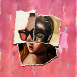  A vibrant original painting titled Mercer by Brian Batt, measuring 24x18 inches. This oil on paper artwork features a collage of portraits in shades of pink, hot pink, beige, brown, yellow, and white, showcasing modernism and gestural abstraction.