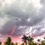  A vibrant oil on canvas painting titled Miami Sunset, measuring 30x24. It features a dynamic blend of red, green, white, and gray colors, showcasing modernist elements and gestural brushwork that evoke the serene beauty of twilight in nature.