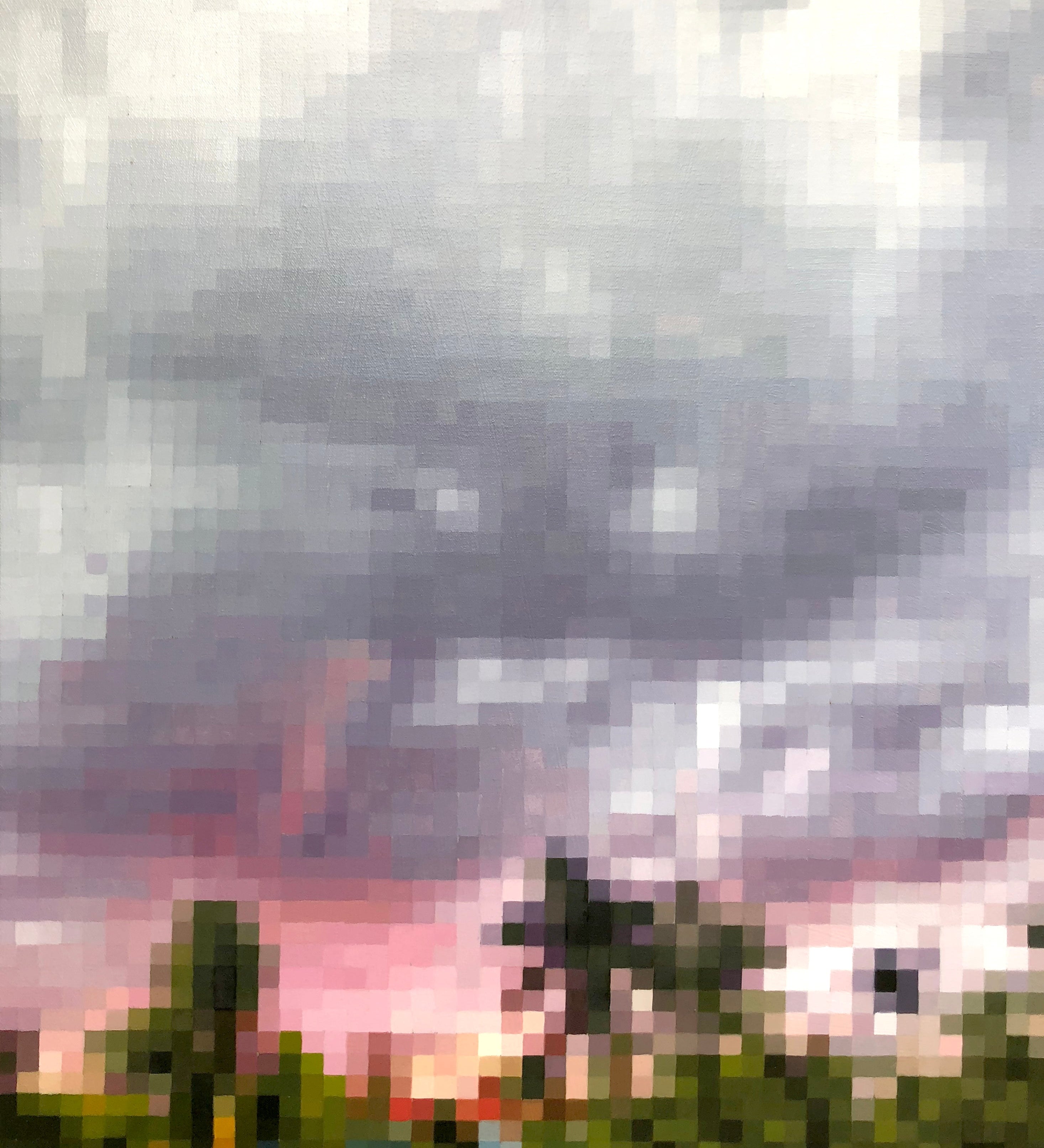  A vibrant oil on canvas painting titled Miami Sunset, measuring 30x24. It features a dynamic blend of red, green, white, and gray colors, showcasing modernist elements and gestural brushwork that evoke the serene beauty of twilight in nature.