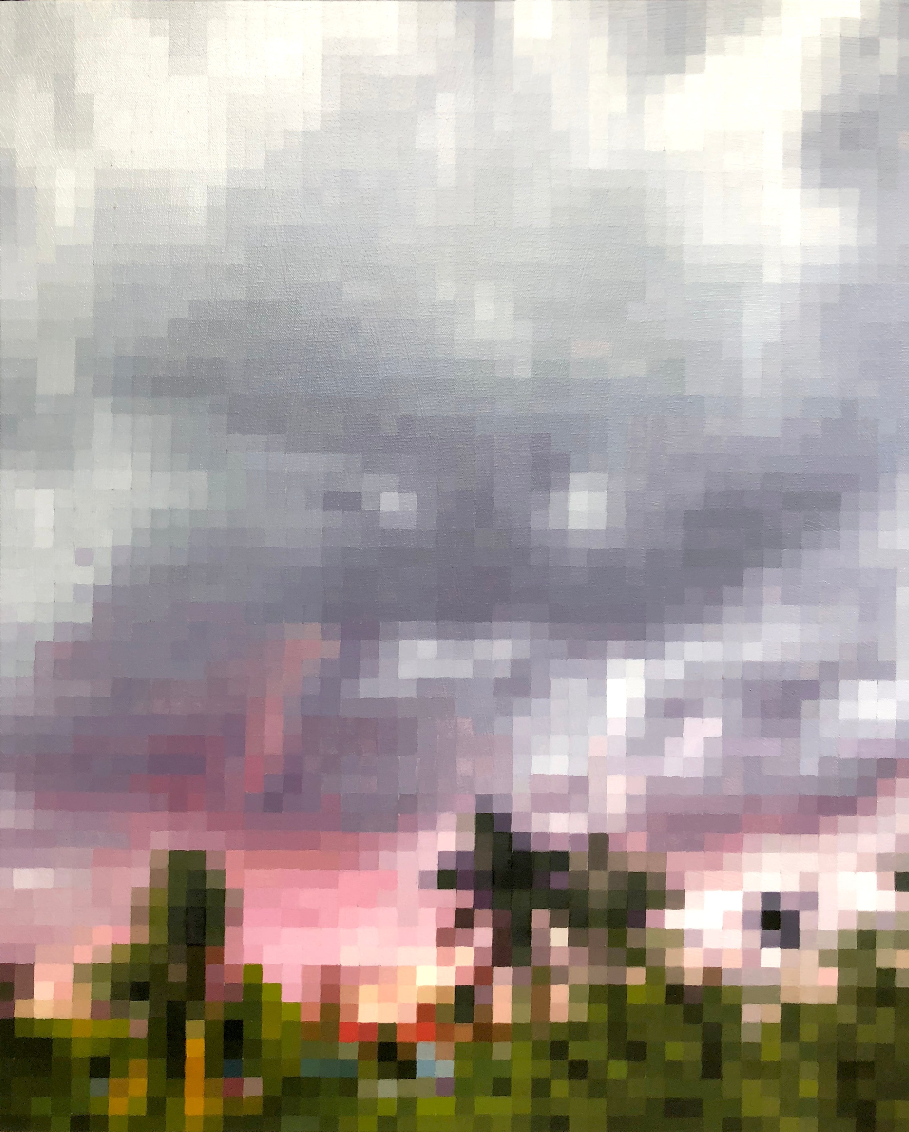  A vibrant oil on canvas painting titled Miami Sunset, measuring 30x24. It features a dynamic blend of red, green, white, and gray colors, showcasing modernist elements and gestural brushwork that evoke the serene beauty of twilight in nature.