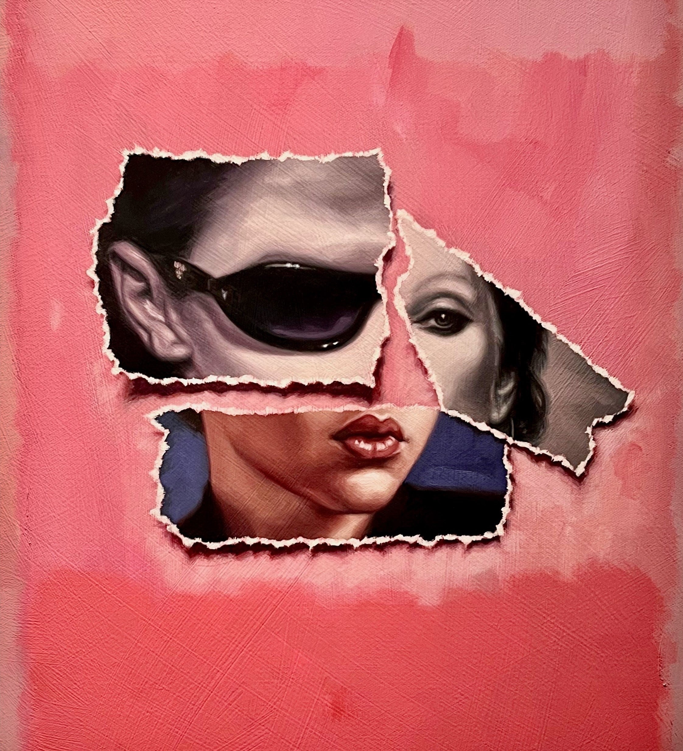  Norfolk is a vibrant 20"x16" oil on canvas painting by Brian Batt, featuring a modernist collage of portraits in pink, hot pink, blue, beige, brown, and black. This contemporary artwork invites viewers to explore its emotional depth and rich visual narrative.