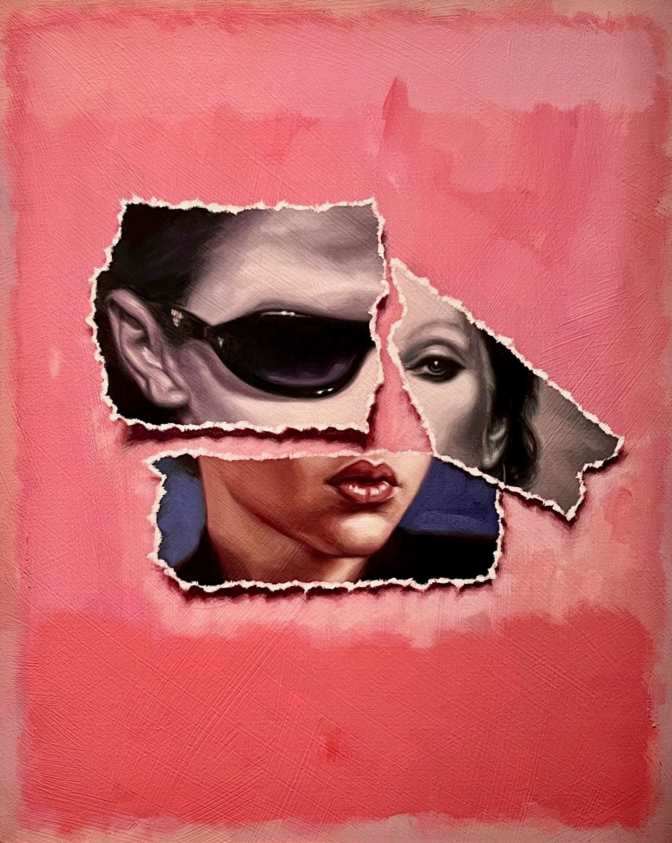  Norfolk is a vibrant 20"x16" oil on canvas painting by Brian Batt, featuring a modernist collage of portraits in pink, hot pink, blue, beige, brown, and black. This contemporary artwork invites viewers to explore its emotional depth and rich visual narrative.