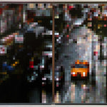  "Orchard and Rivington" is a 48"x30" oil on canvas painting by Brian Batt, featuring a modernist interpretation of New York City. The artwork showcases a vibrant color palette of blacks, gray, yellow, and green, blending gestural abstraction with pixelated elements, reflecting the dynamic relationship between urban landscapes and emotional depth.