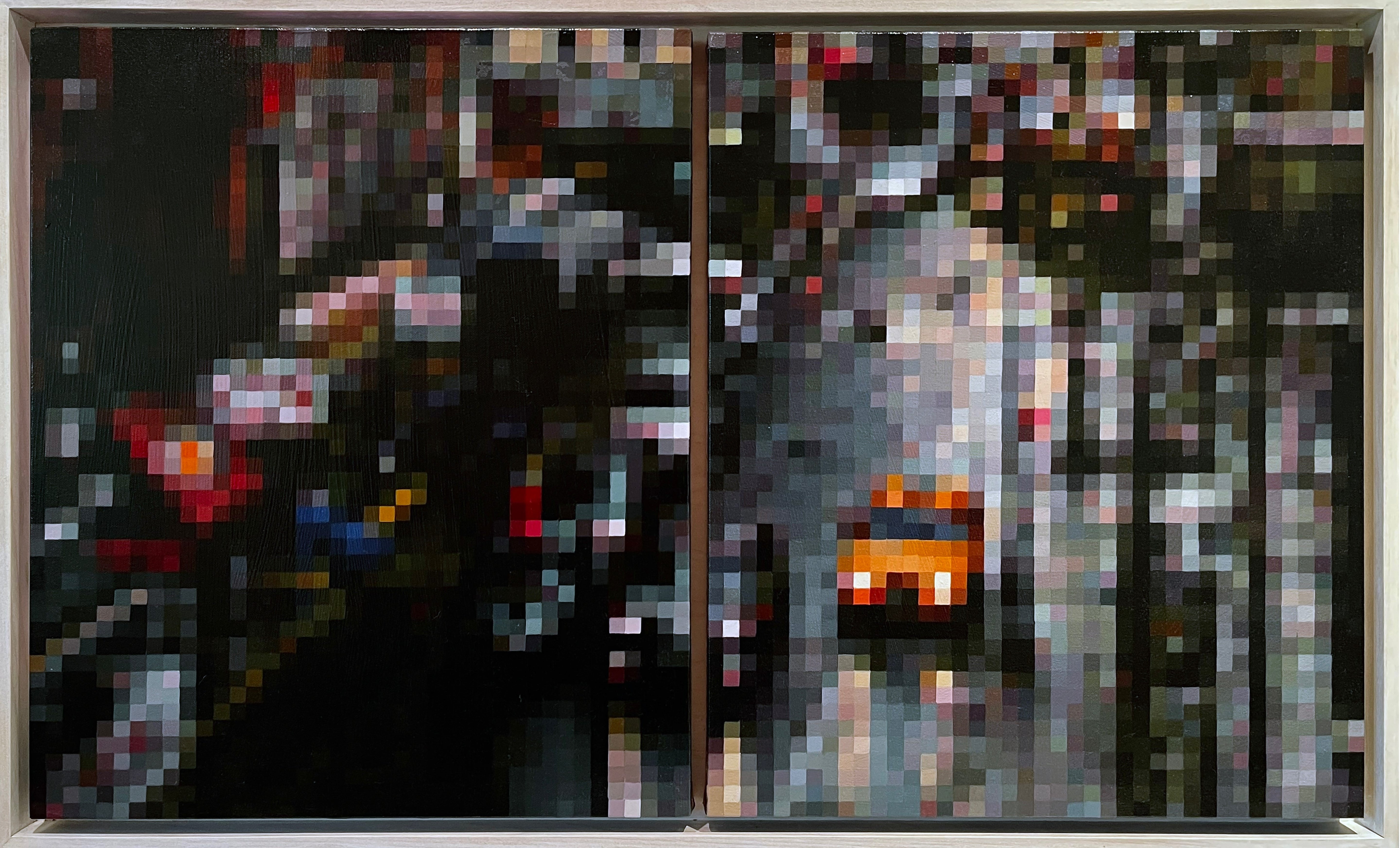  "Orchard and Rivington" is a 48"x30" oil on canvas painting by Brian Batt, featuring a modernist interpretation of New York City. The artwork showcases a vibrant color palette of blacks, gray, yellow, and green, blending gestural abstraction with pixelated elements, reflecting the dynamic relationship between urban landscapes and emotional depth.