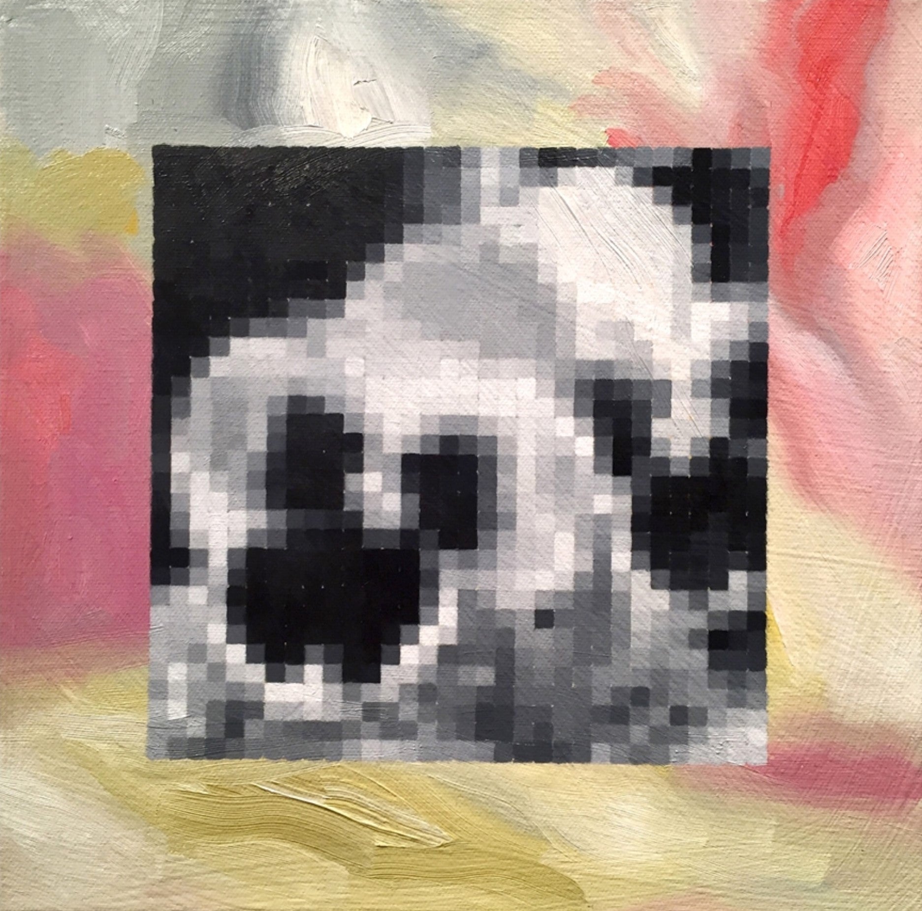 A vibrant 12"x12" oil on canvas painting titled 'Pansies on Color' by Brian Batt, featuring a dynamic collage of pink, yellow, orange, and white pansies against a backdrop of blacks. This contemporary artwork showcases a pixelated abstraction that evokes the beauty of nature, making it a striking addition to any decor.