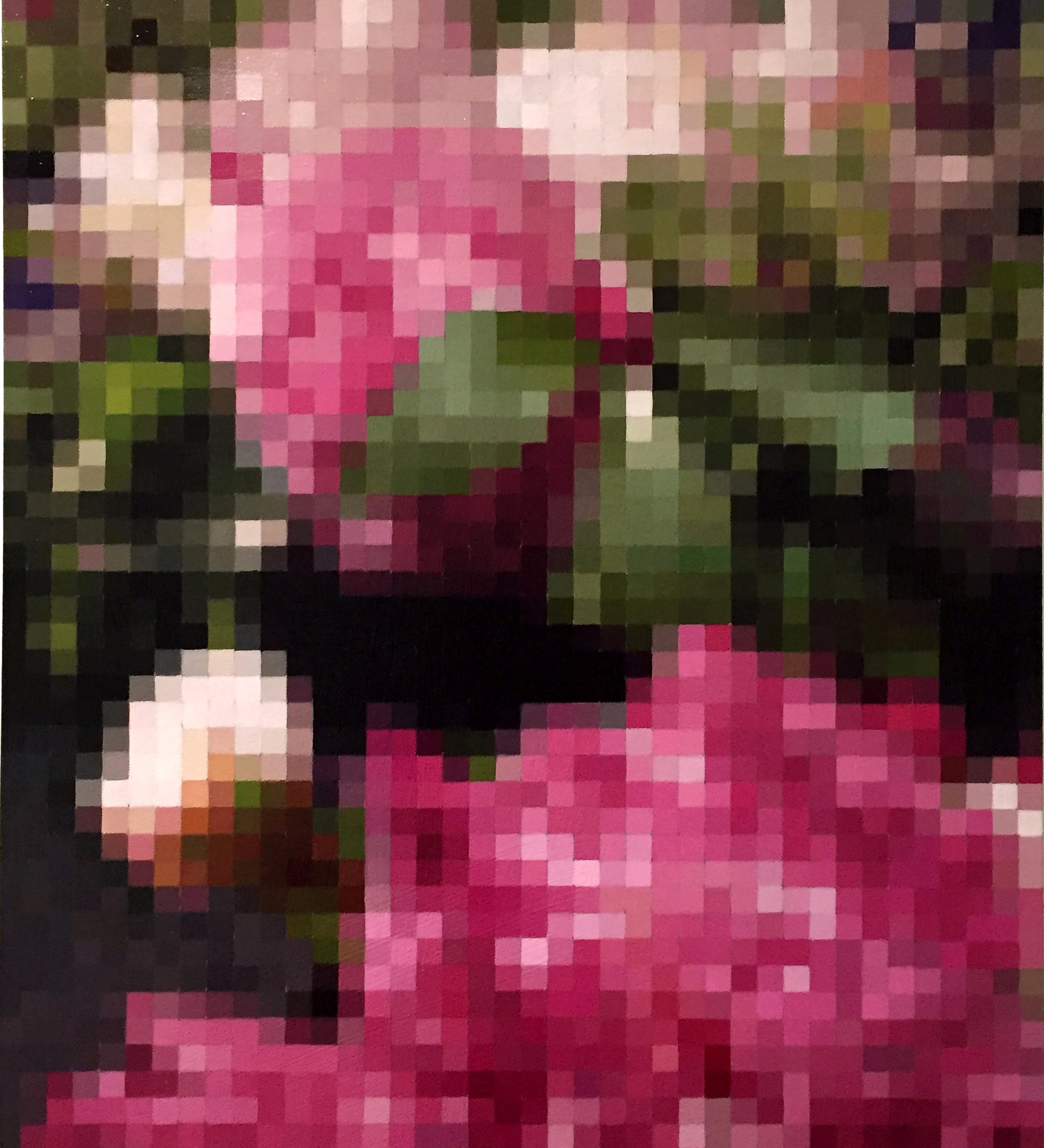  A vibrant oil painting titled Peonies by Brian Batt, measuring 24x20 inches. The artwork features a striking color palette of hot pink, green, and white, showcasing a modernist interpretation of flowers with a blend of gestural abstraction and pixelated structures, inviting viewers into a lush floral experience.