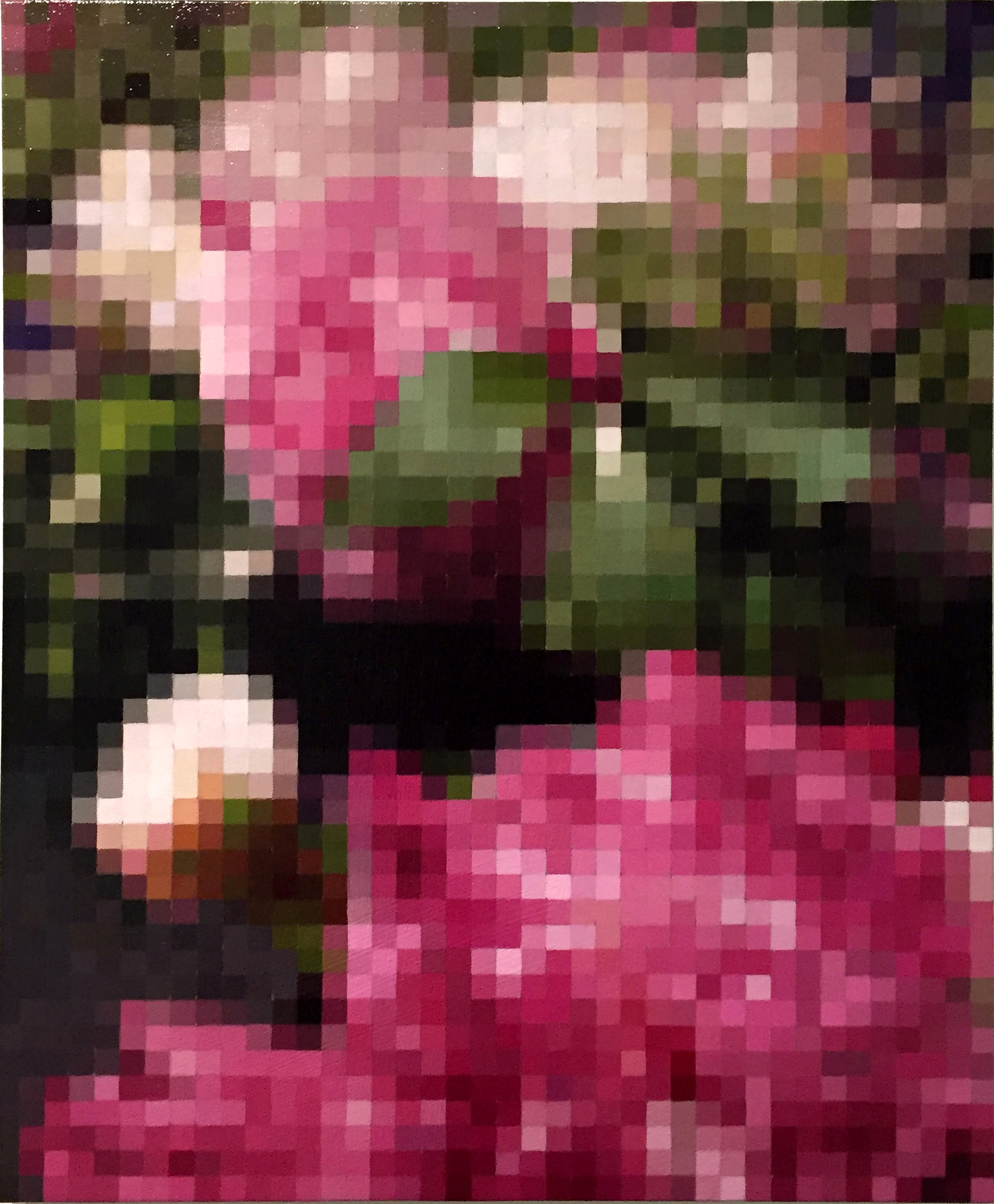  A vibrant oil painting titled Peonies by Brian Batt, measuring 24x20 inches. The artwork features a striking color palette of hot pink, green, and white, showcasing a modernist interpretation of flowers with a blend of gestural abstraction and pixelated structures, inviting viewers into a lush floral experience.