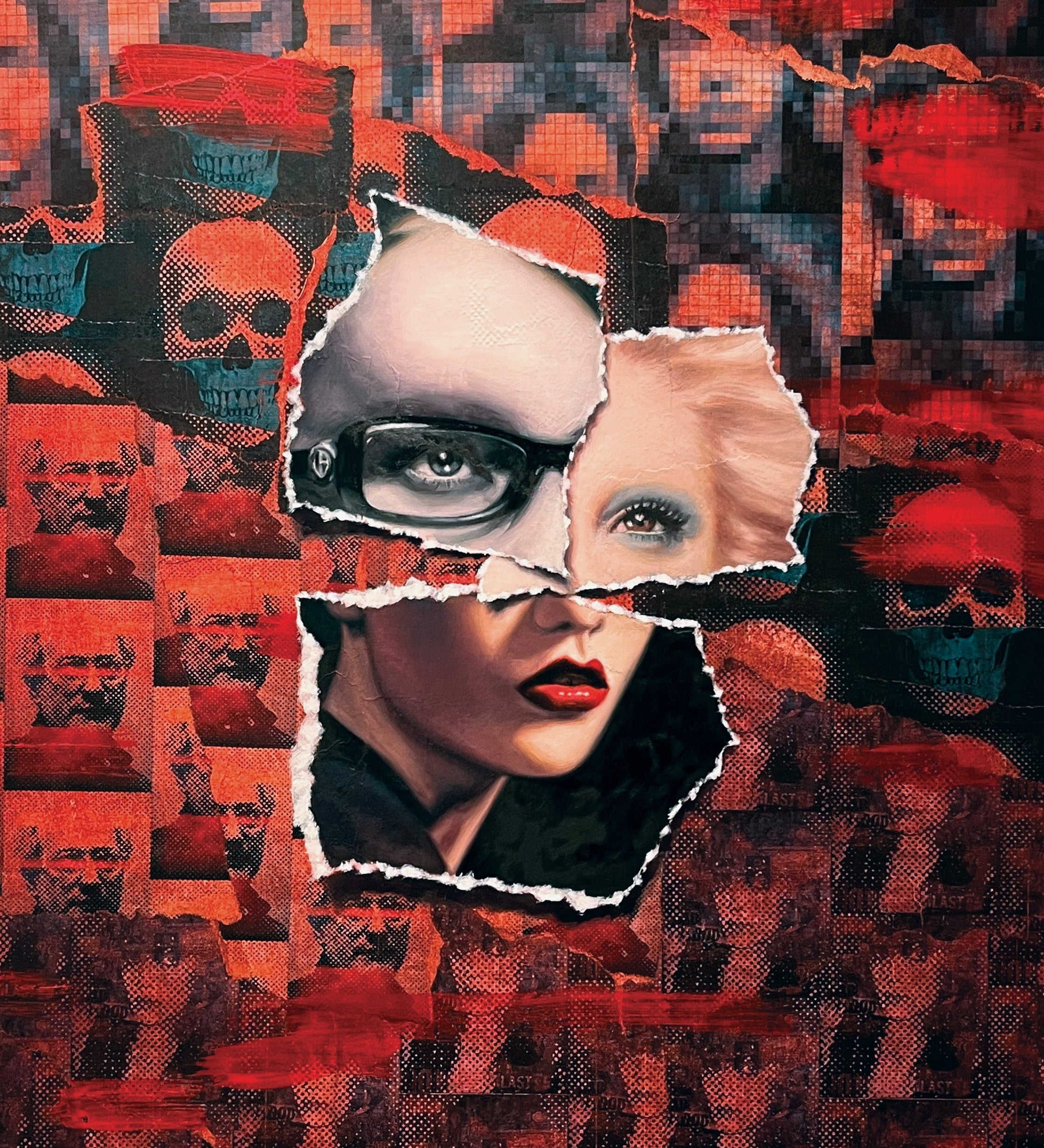  Rivington is a 20x16 inch original painting by Brian Batt, featuring a vibrant collage of blacks, hot pink, red, and beige. This oil on collaged canvas artwork embodies modernism with its dynamic textures and emotional depth, making it a striking addition to any decor.